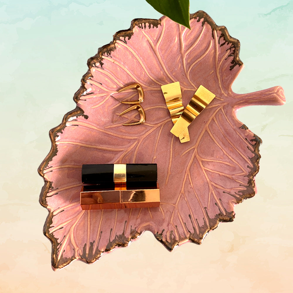 Tropical Pink & Green Leaf Shaped Ceramic Tray Set of 2