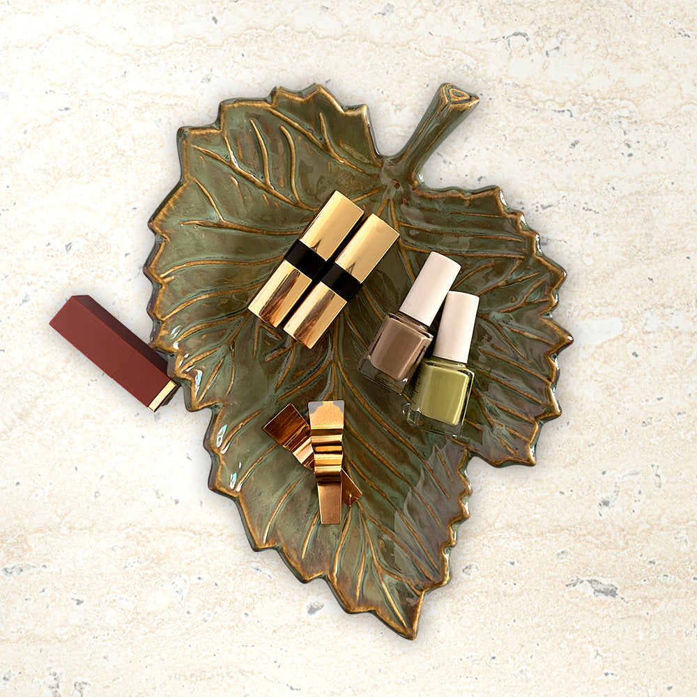 Tropical Pink & Green Leaf Shaped Ceramic Tray Set of 2