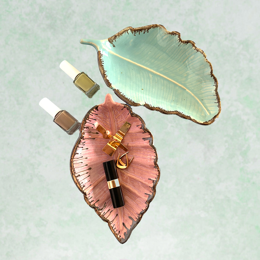 Ceramic Pink & Green Leaf Shaped Serving Tray Set of 2