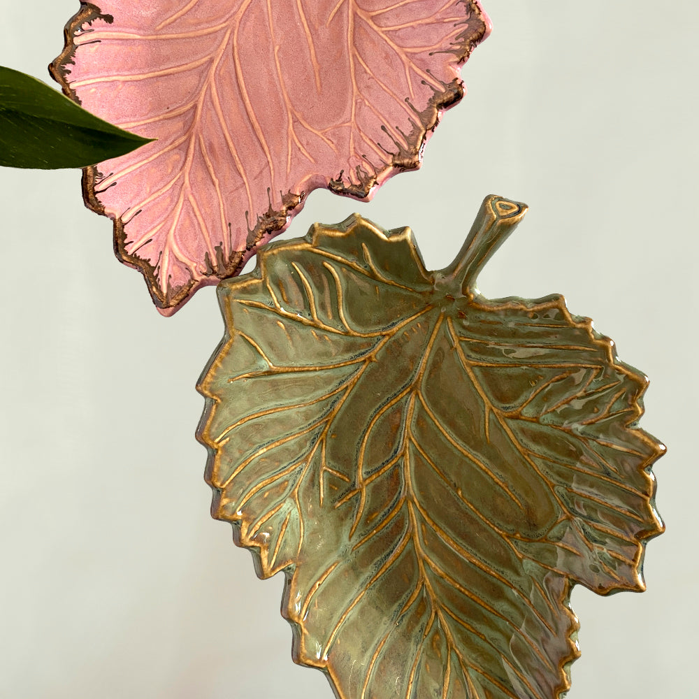 Tropical Pink & Green Leaf Shaped Ceramic Tray Set of 2