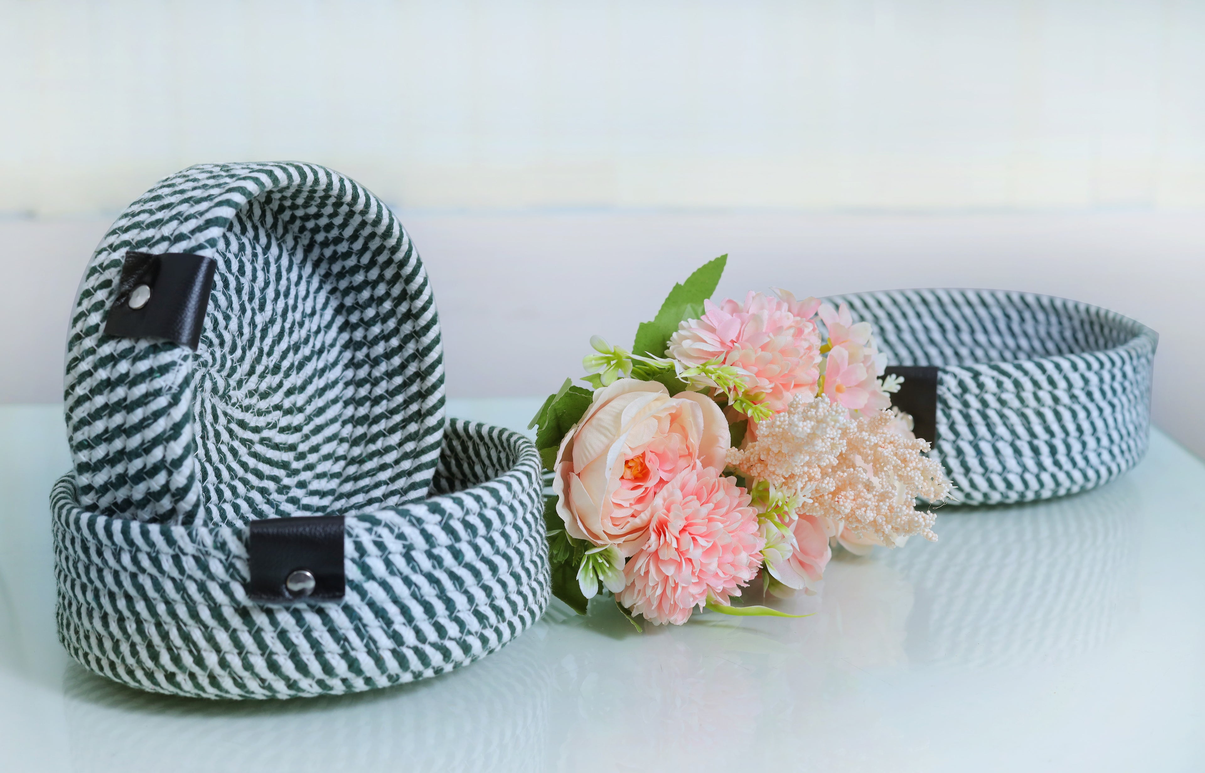 EcoWeave 3-Piece Green & White Rope Storage Basket Set