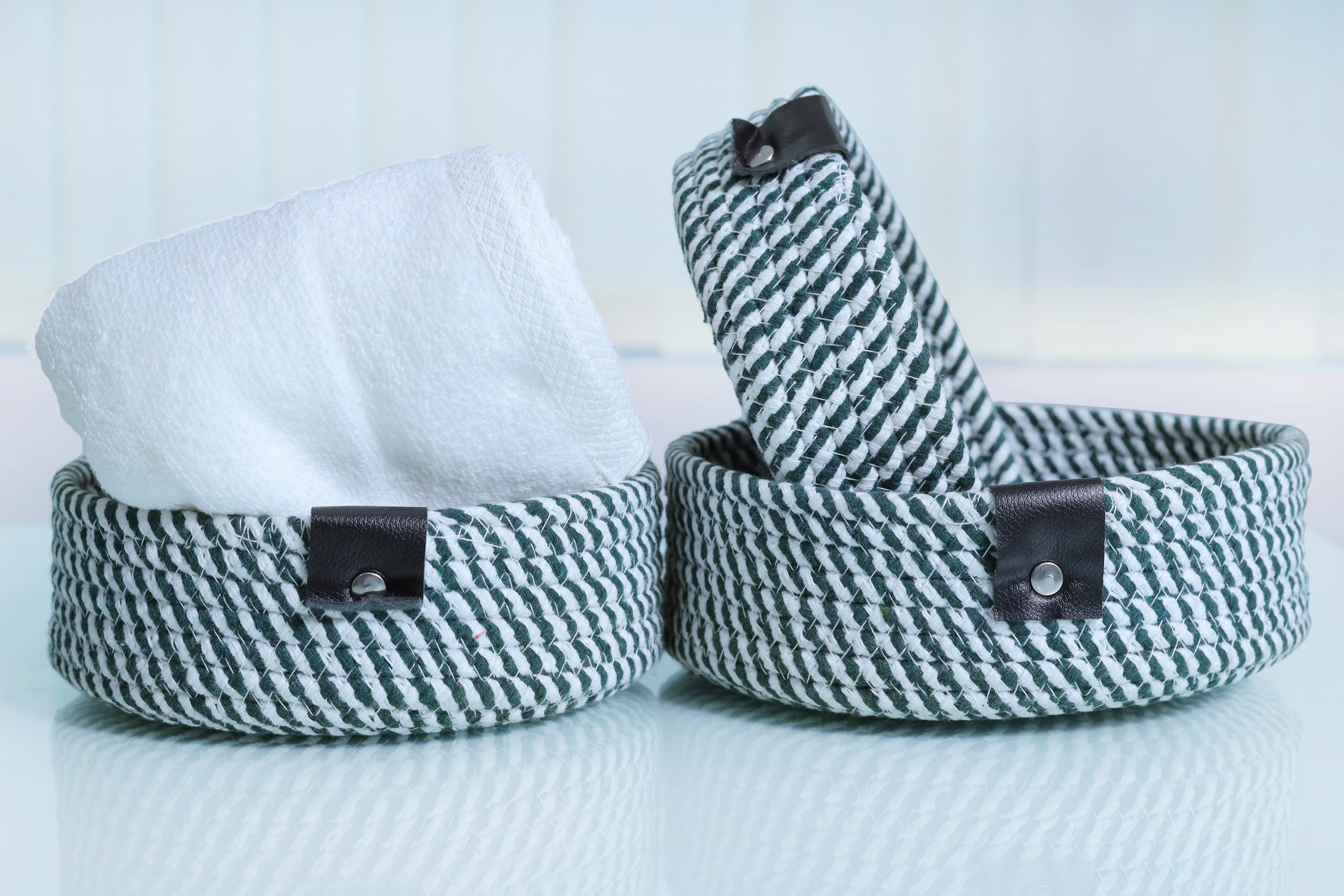 EcoWeave 3-Piece Green & White Rope Storage Basket Set