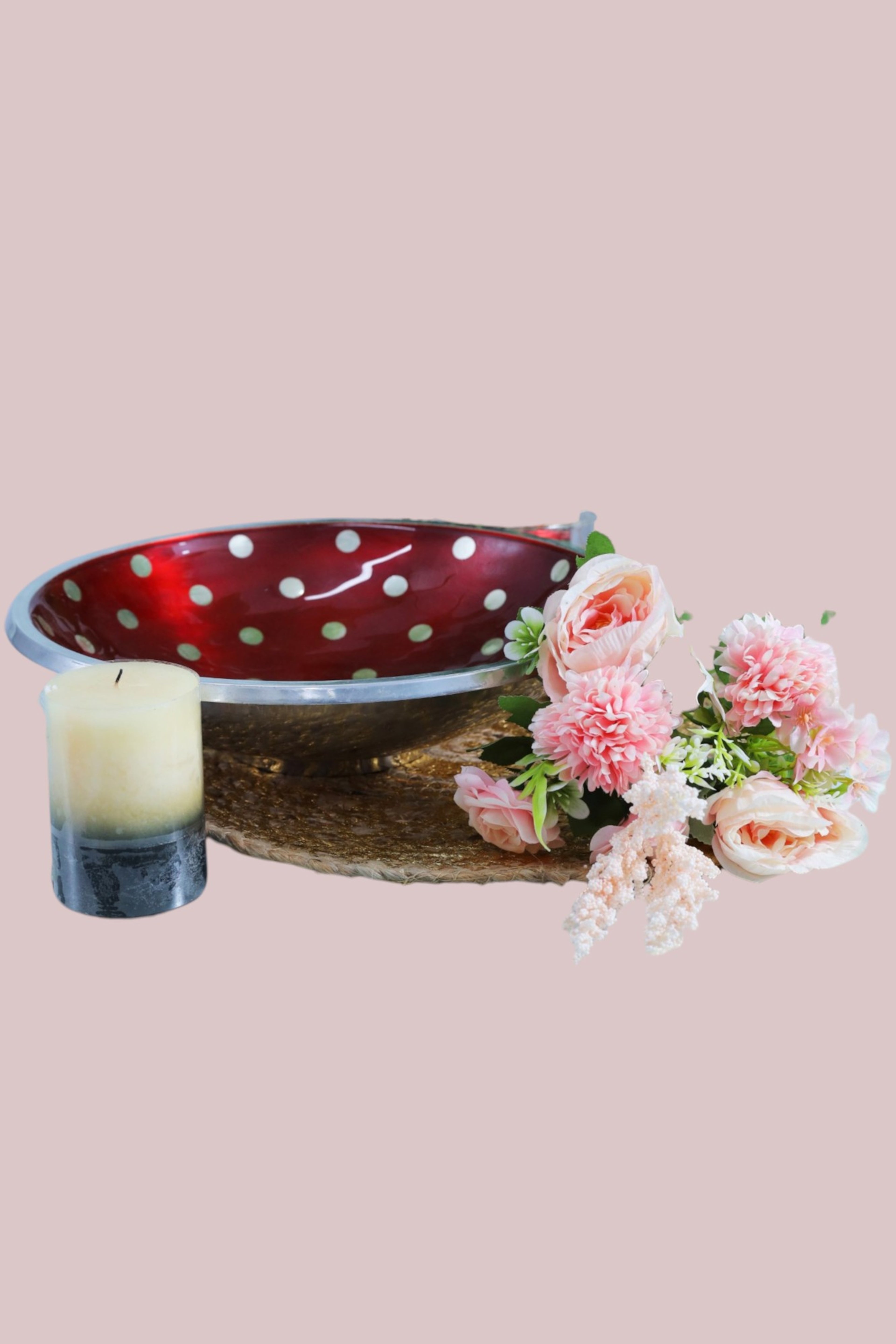 Vibrant Bloom Red Polka Dots Aluminum Elegance Urli Bowl