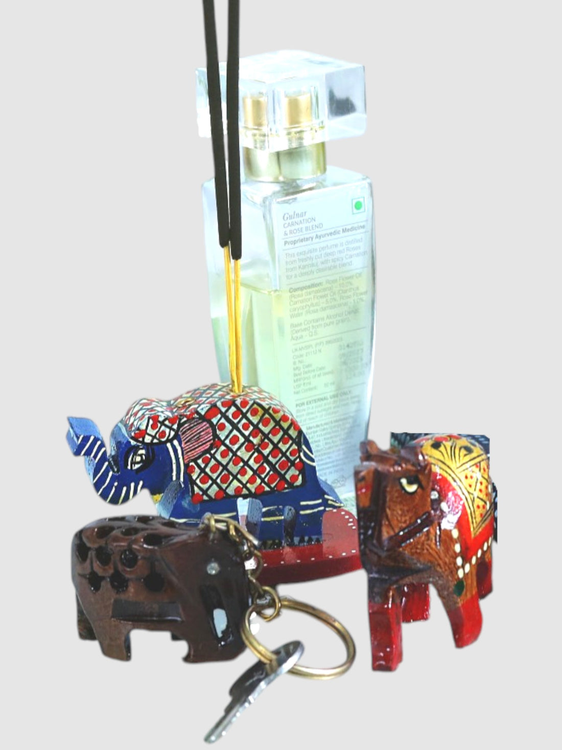 Woodcraft Charm Trio – Camel Showpiece, Elephant Key Chain, Elephant Incense Stick Holder