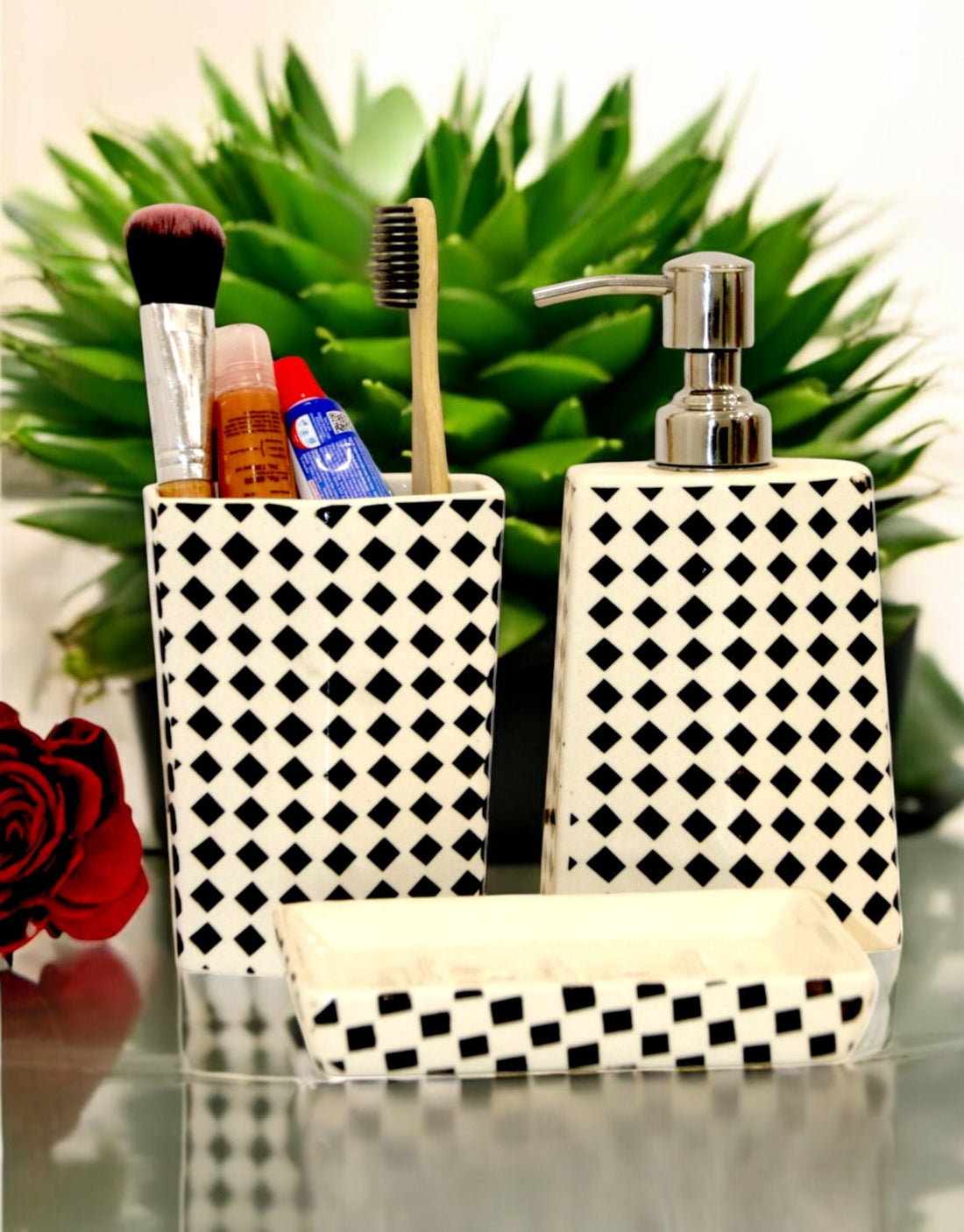 Ceramic Black & White Diamond Paint Bath Set of 3