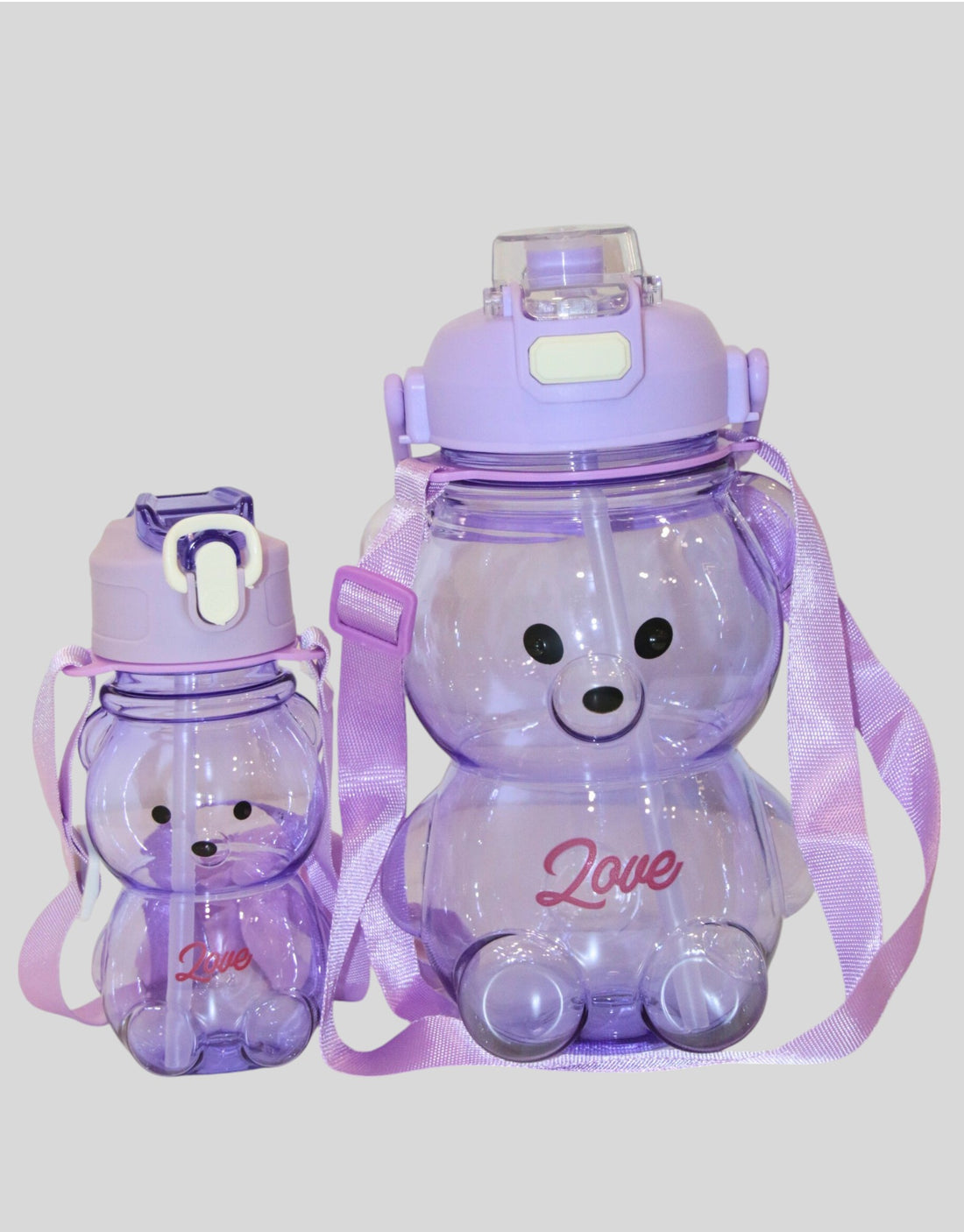 Purple Teddy Bear Water Bottle with Straw, Carrying Loop, Adjustable Removable Shoulder Strap, Leakproof – Pack of 2