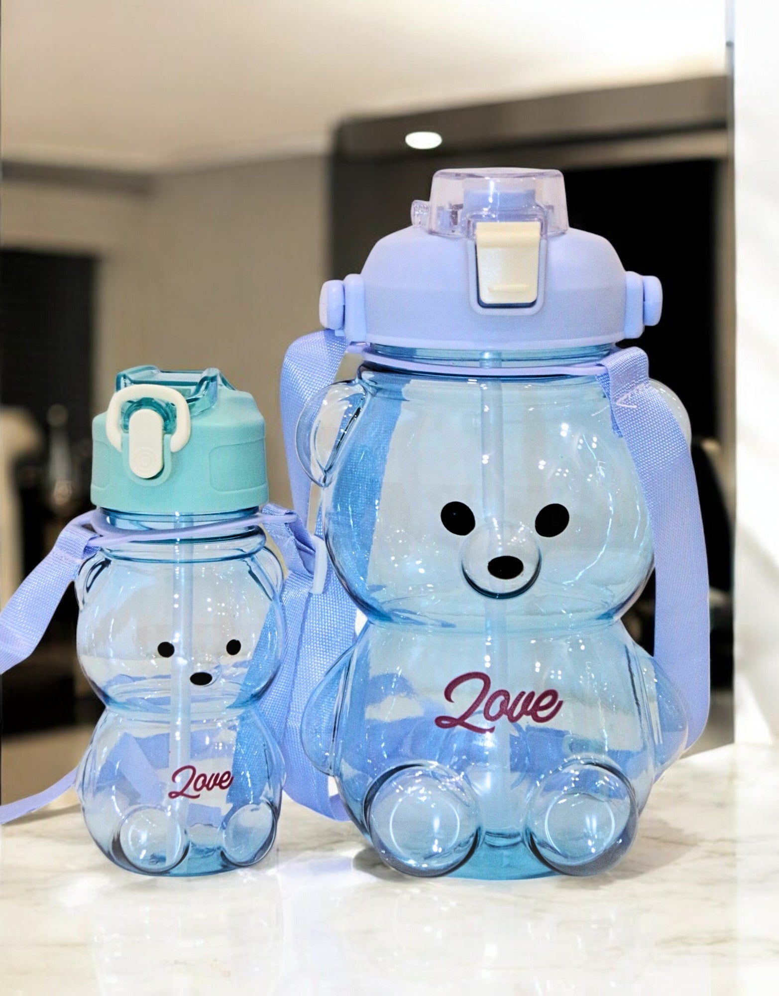 Blue Teddy Bear Water Bottle with Straw, Carrying Loop, Adjustable Removable Shoulder Strap, Leakproof – Pack of 2