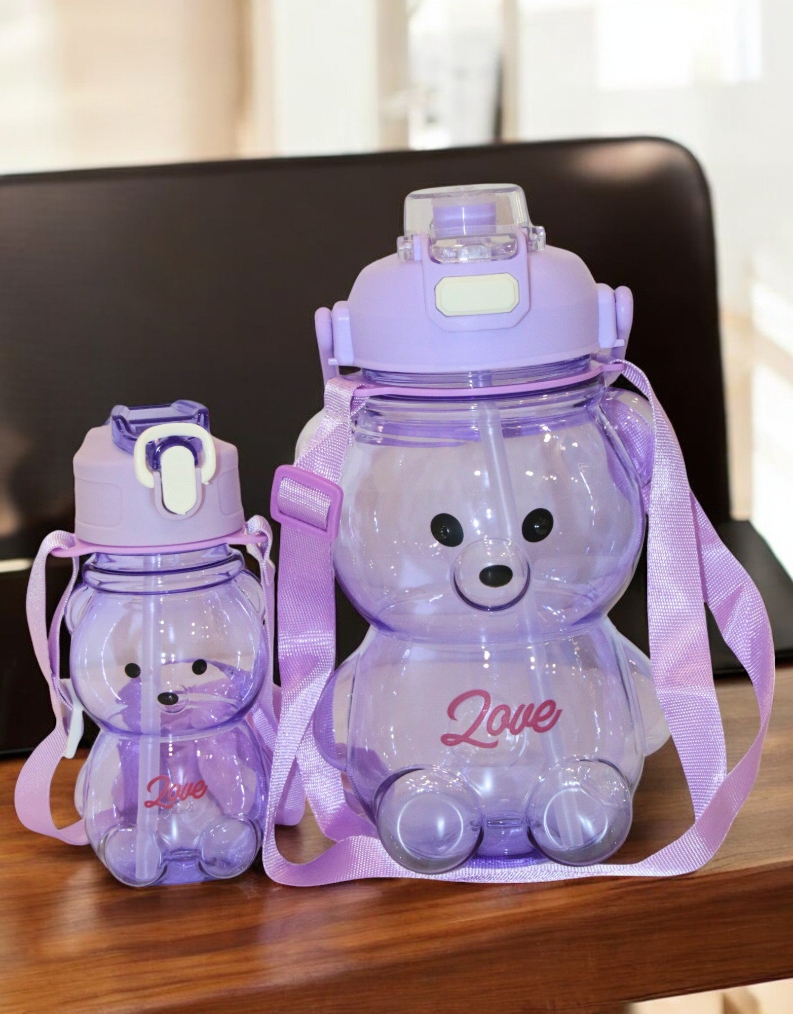 Purple Teddy Bear Water Bottle with Straw, Carrying Loop, Adjustable Removable Shoulder Strap, Leakproof – Pack of 2