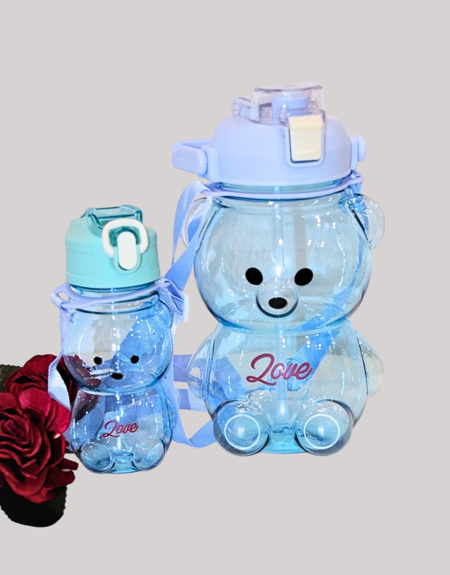 Blue Teddy Bear Water Bottle with Straw, Carrying Loop, Adjustable Removable Shoulder Strap, Leakproof – Pack of 2
