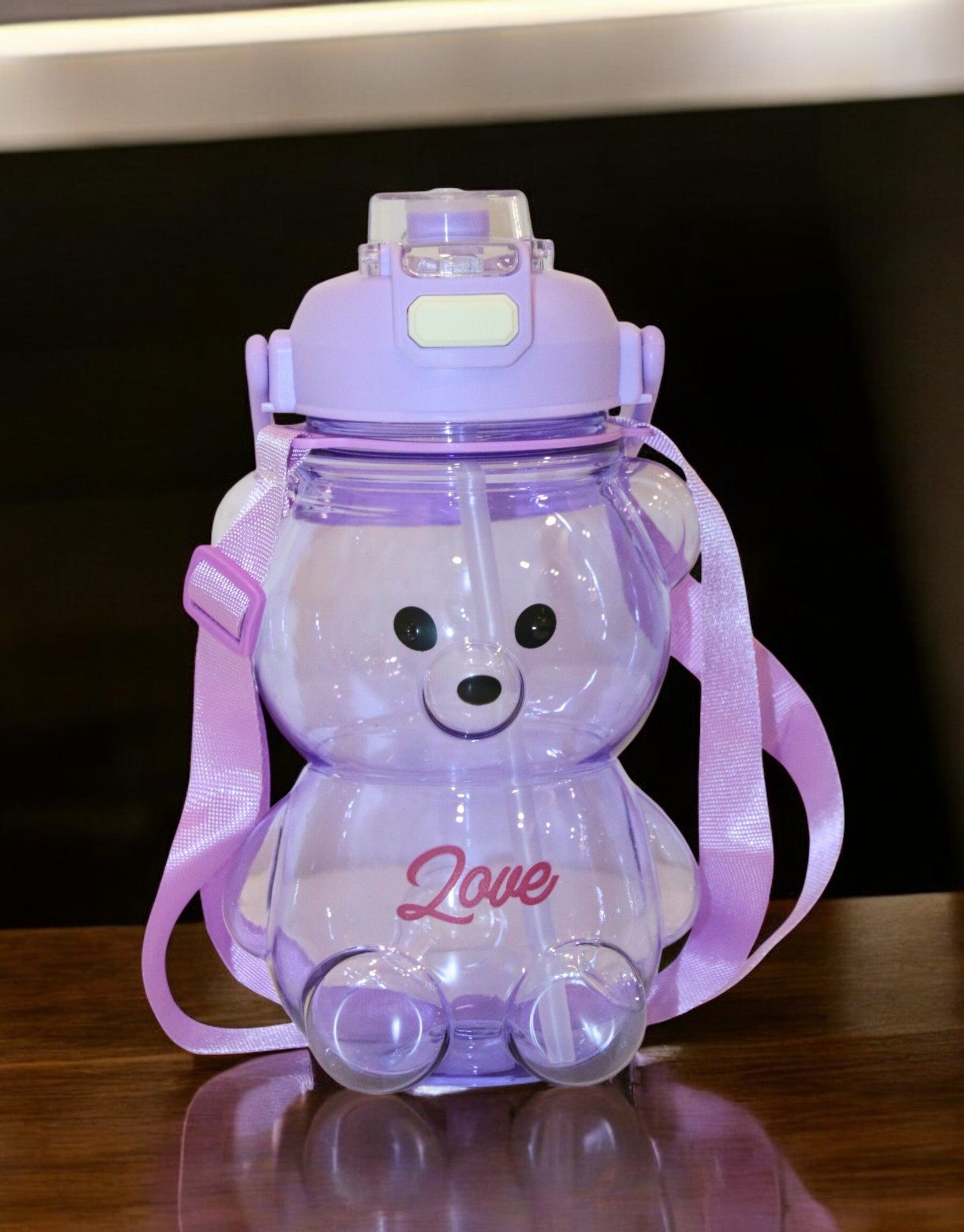 Purple Teddy Bear Water Bottle with Straw, Carrying Loop, Adjustable Removable Shoulder Strap, Leakproof – Pack of 2