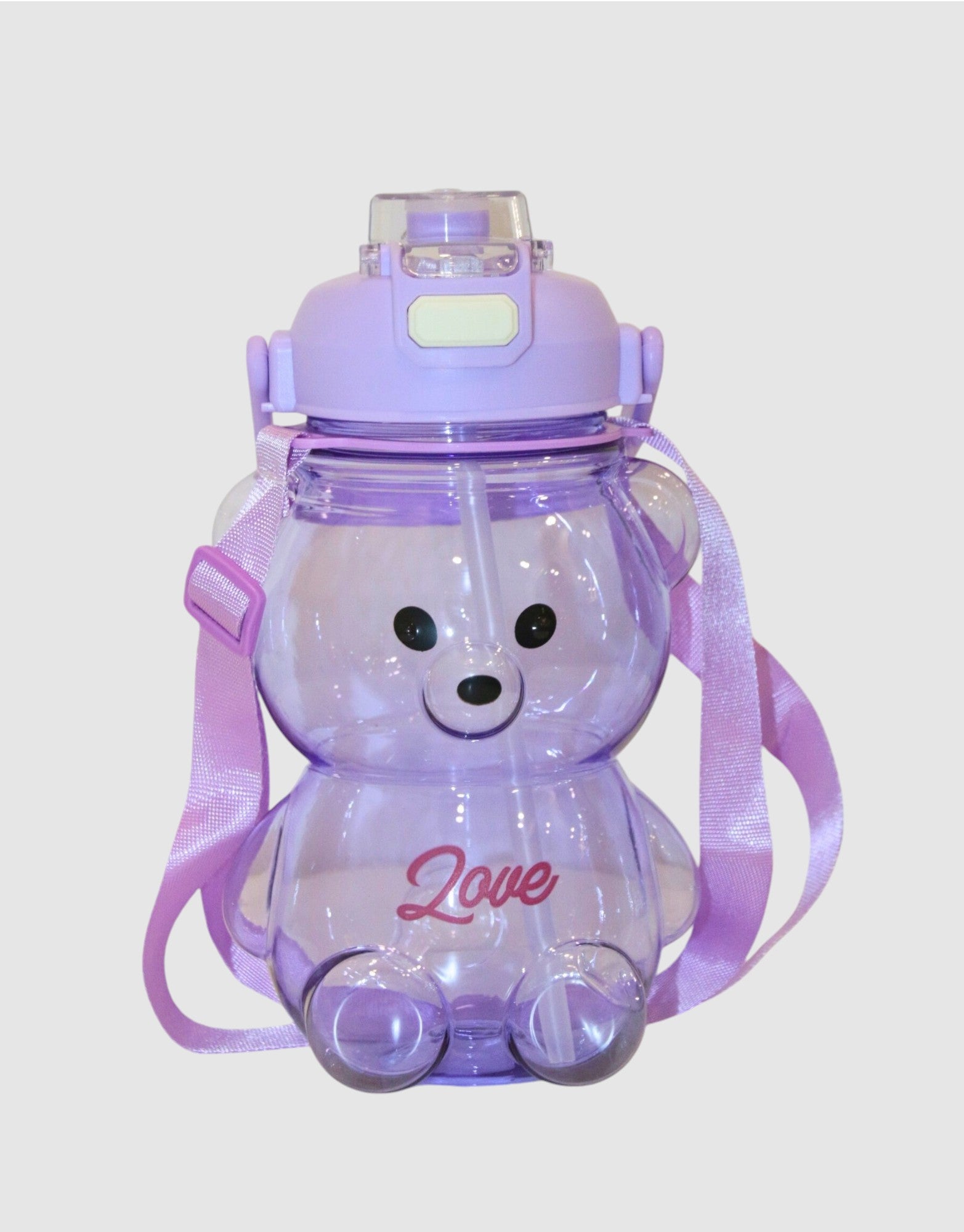 Purple Teddy Bear Water Bottle with Straw, Carrying Loop, Adjustable Removable Shoulder Strap, Leakproof – Pack of 2