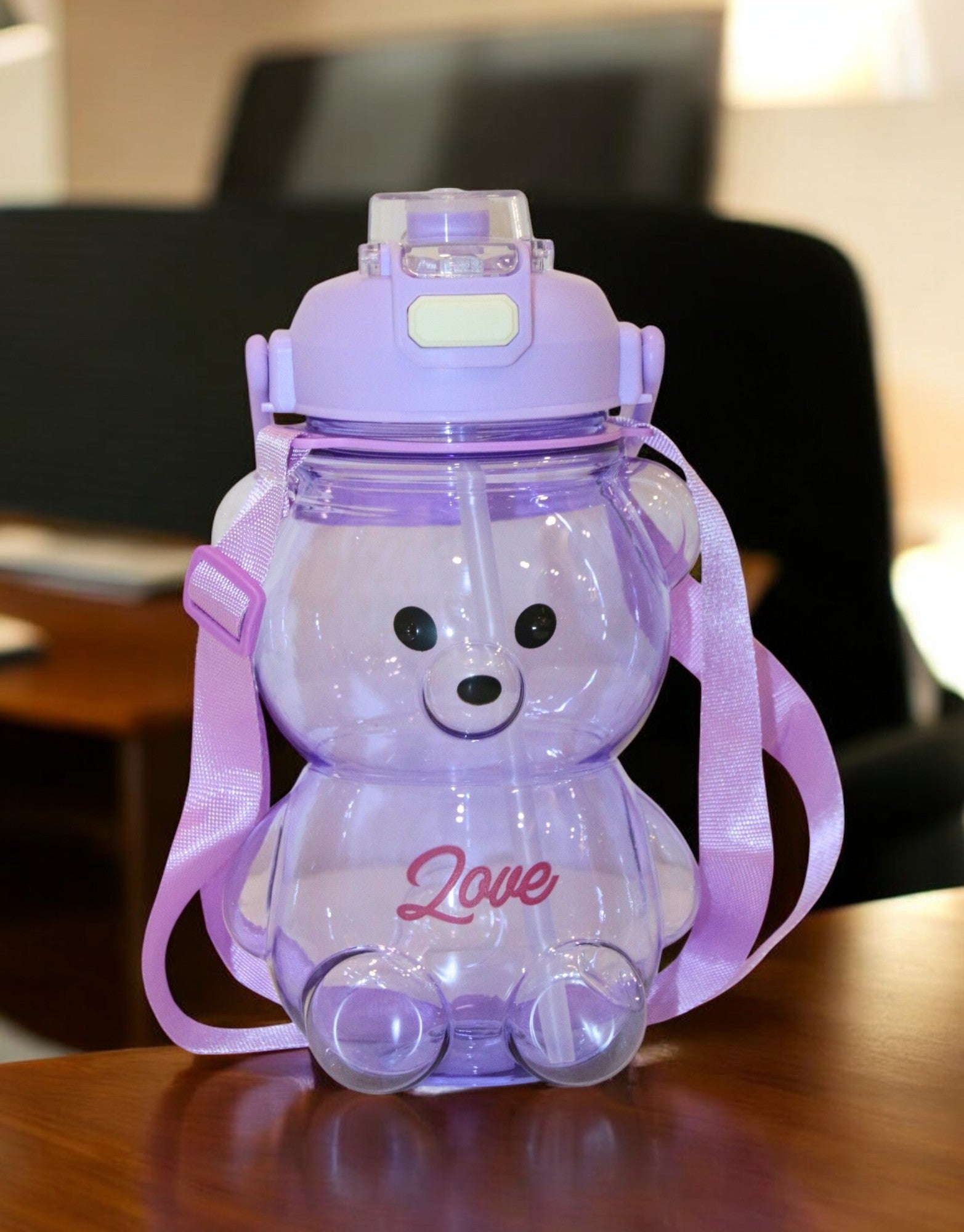 Purple Teddy Bear Water Bottle with Straw, Carrying Loop, Adjustable Removable Shoulder Strap, Leakproof – Pack of 2