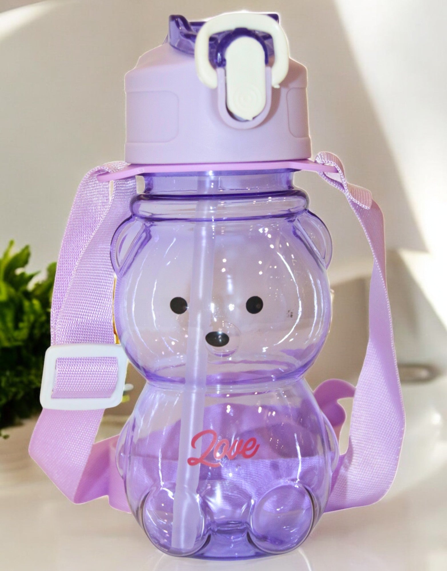 Purple Teddy Bear Water Bottle with Straw, Carrying Loop, Adjustable Removable Shoulder Strap, Leakproof – Pack of 2