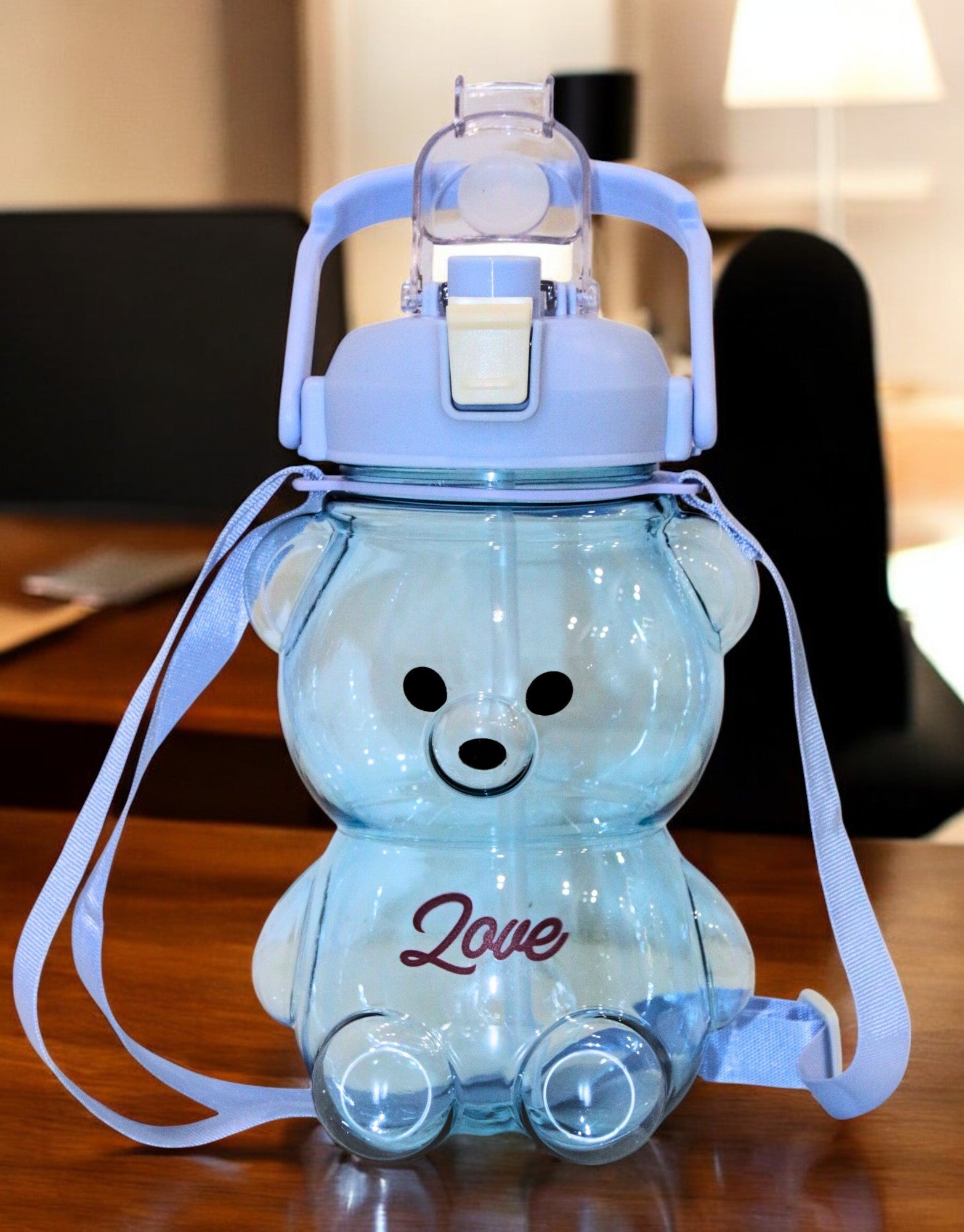 Blue Teddy Bear Water Bottle with Straw, Carrying Loop, Adjustable Removable Shoulder Strap, Leakproof – Pack of 2