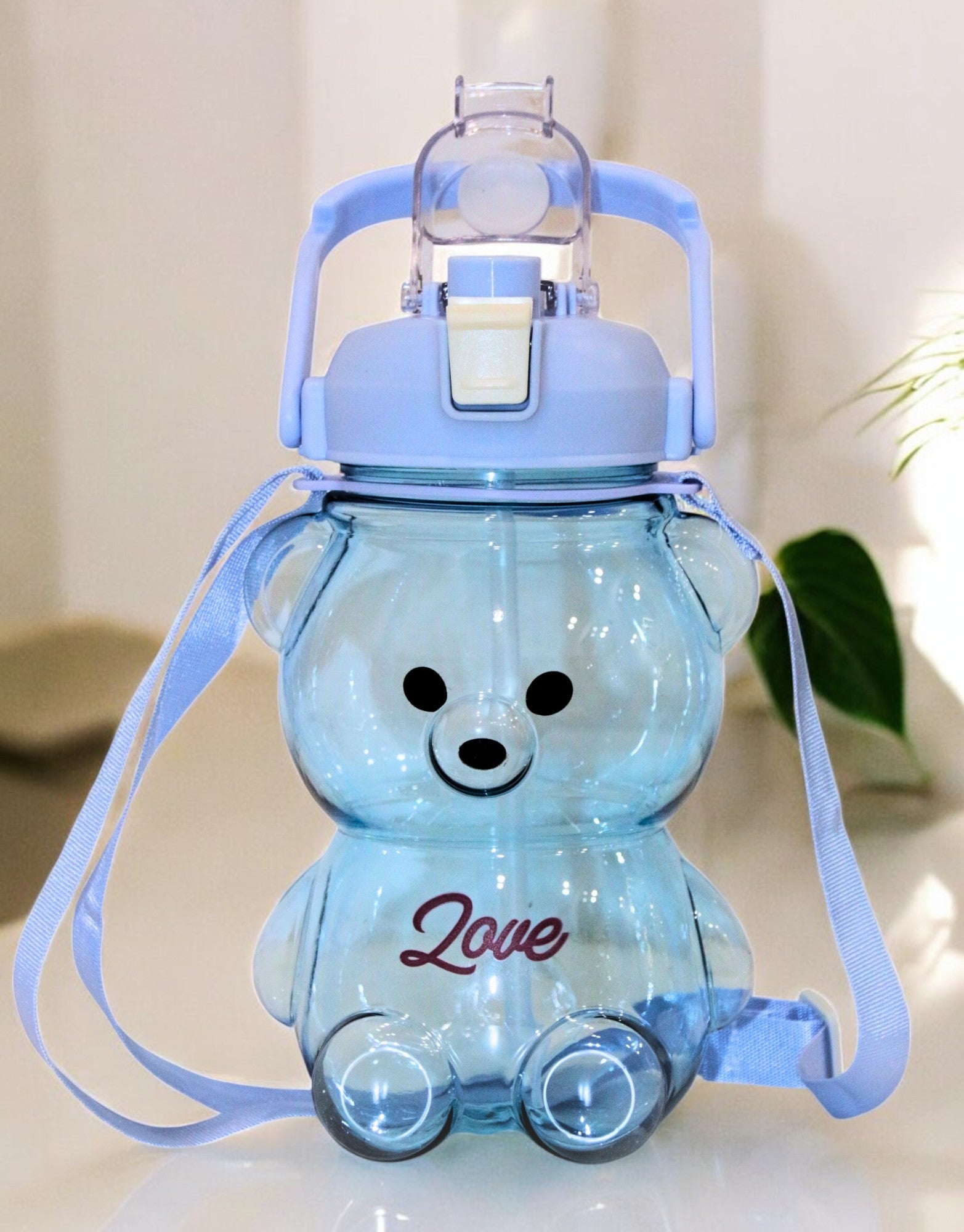 Blue Teddy Bear Water Bottle with Straw, Carrying Loop, Adjustable Removable Shoulder Strap, Leakproof – Pack of 2