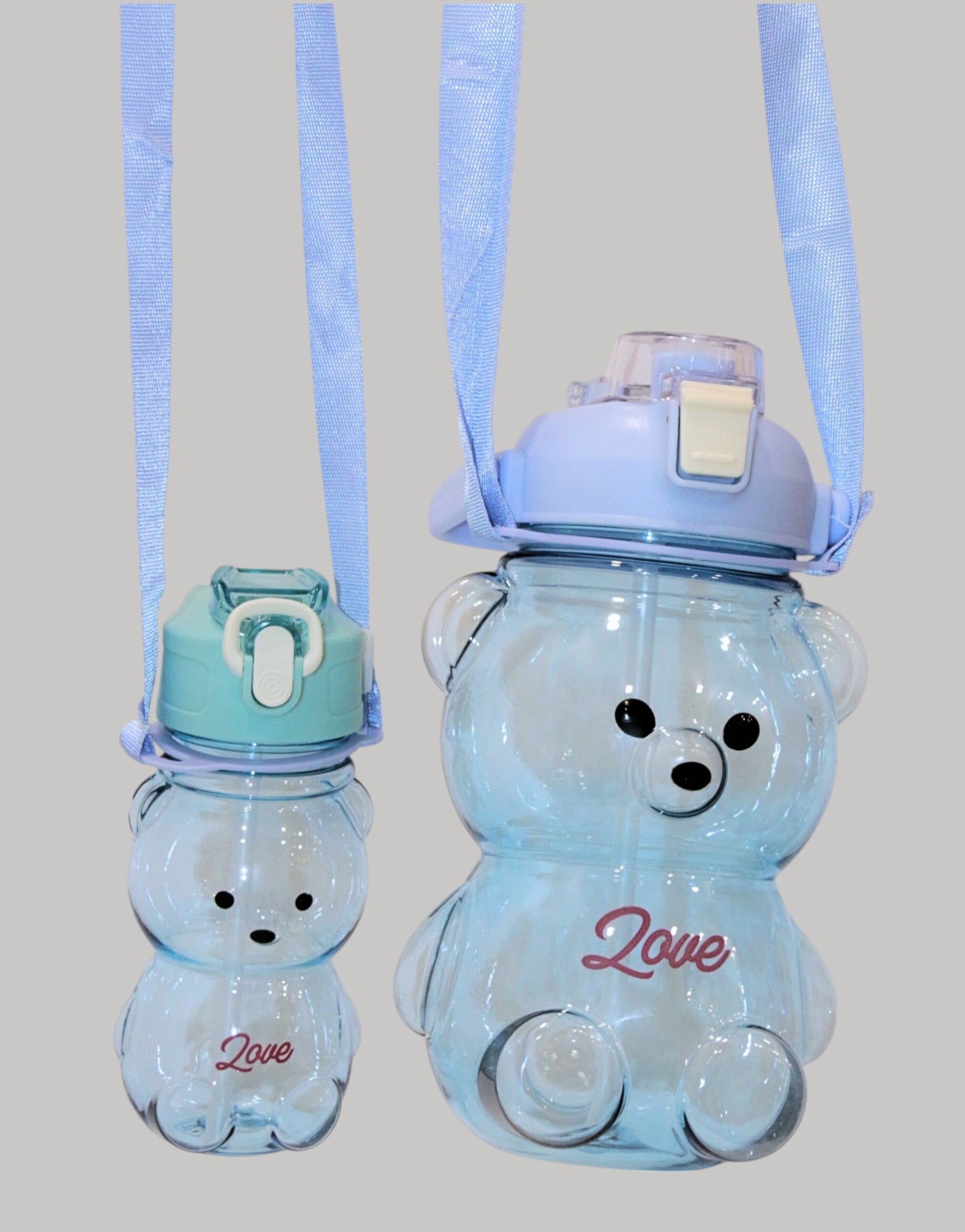 Blue Teddy Bear Water Bottle with Straw, Carrying Loop, Adjustable Removable Shoulder Strap, Leakproof – Pack of 2
