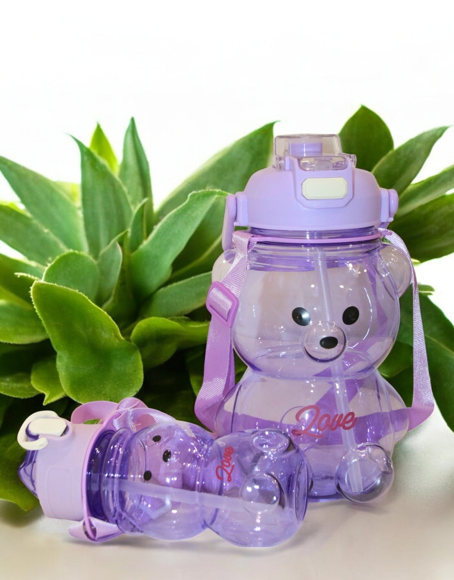 Purple Teddy Bear Water Bottle with Straw, Carrying Loop, Adjustable Removable Shoulder Strap, Leakproof – Pack of 2