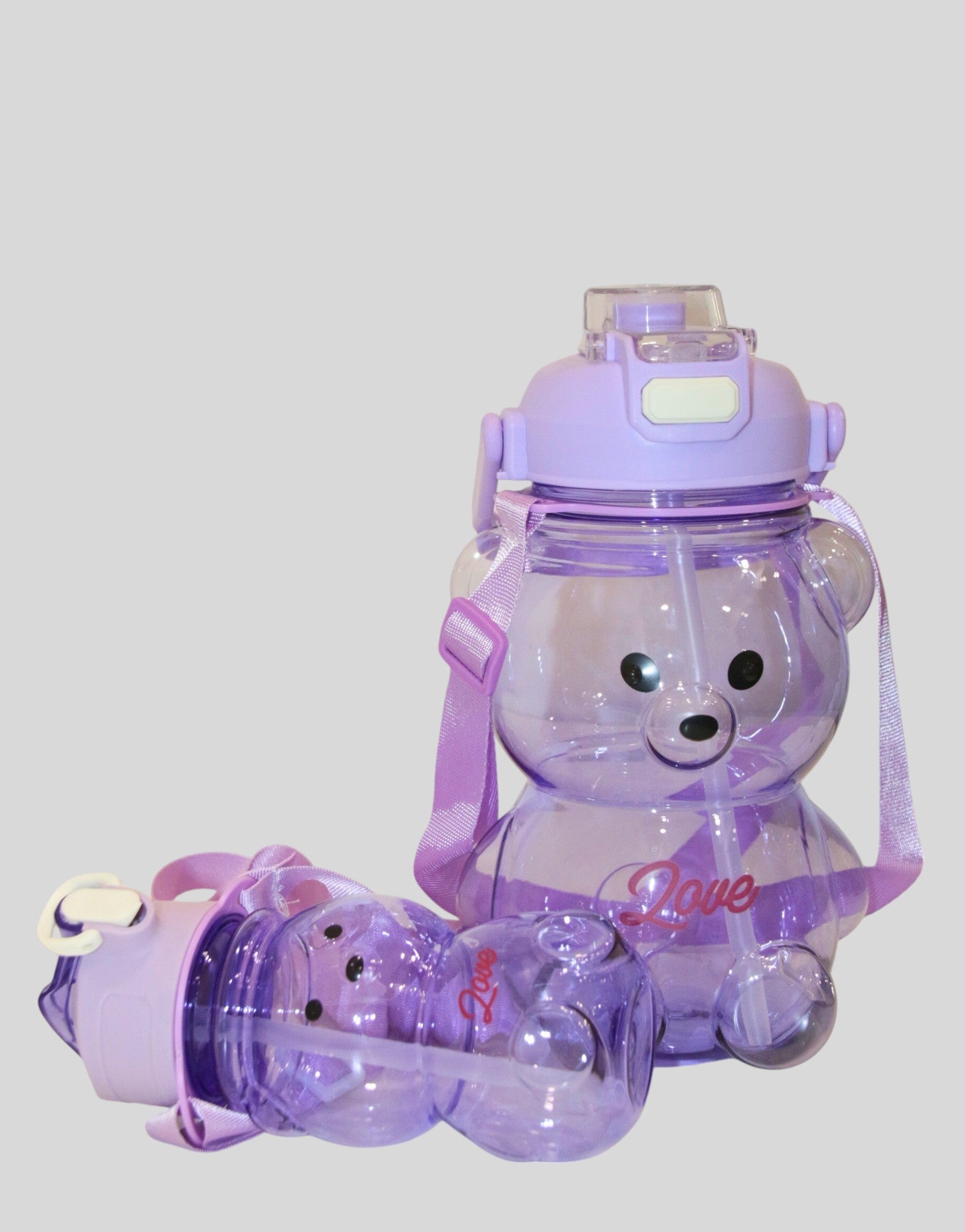Purple Teddy Bear Water Bottle with Straw, Carrying Loop, Adjustable Removable Shoulder Strap, Leakproof – Pack of 2