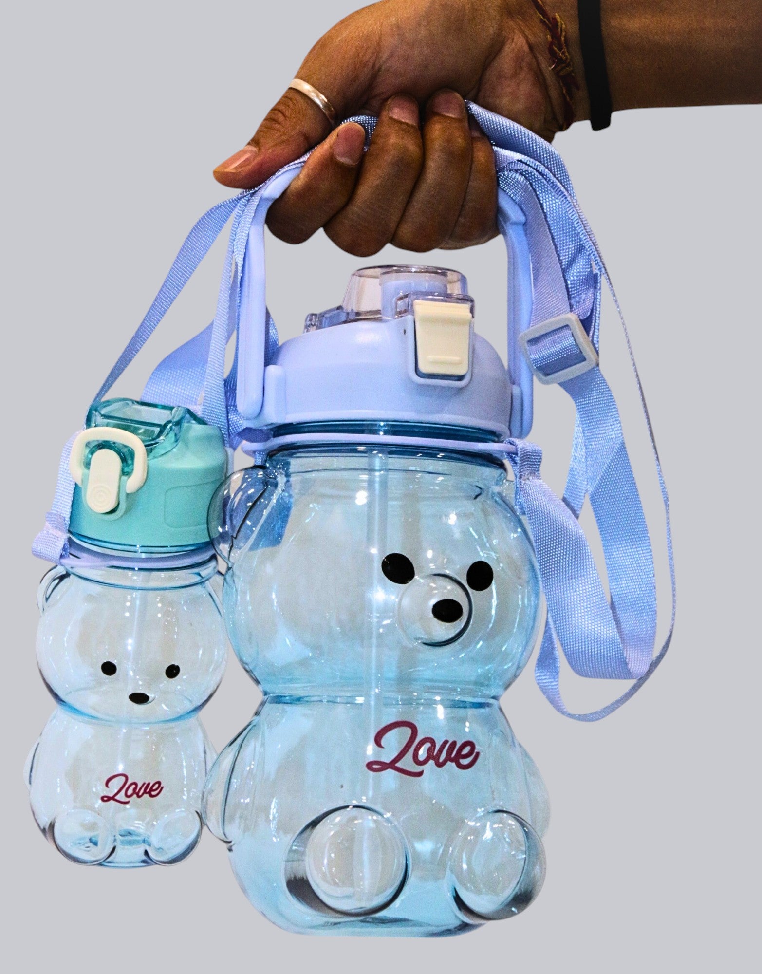 Blue Teddy Bear Water Bottle with Straw, Carrying Loop, Adjustable Removable Shoulder Strap, Leakproof – Pack of 2