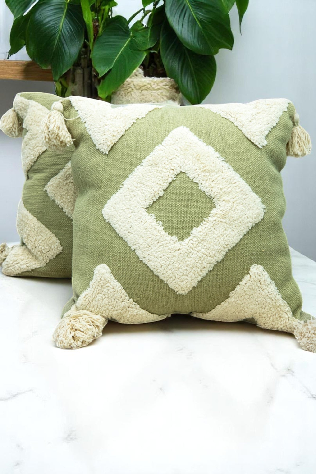 Green Decorative Tufted Cotton Cushion with Cover - Set of 2