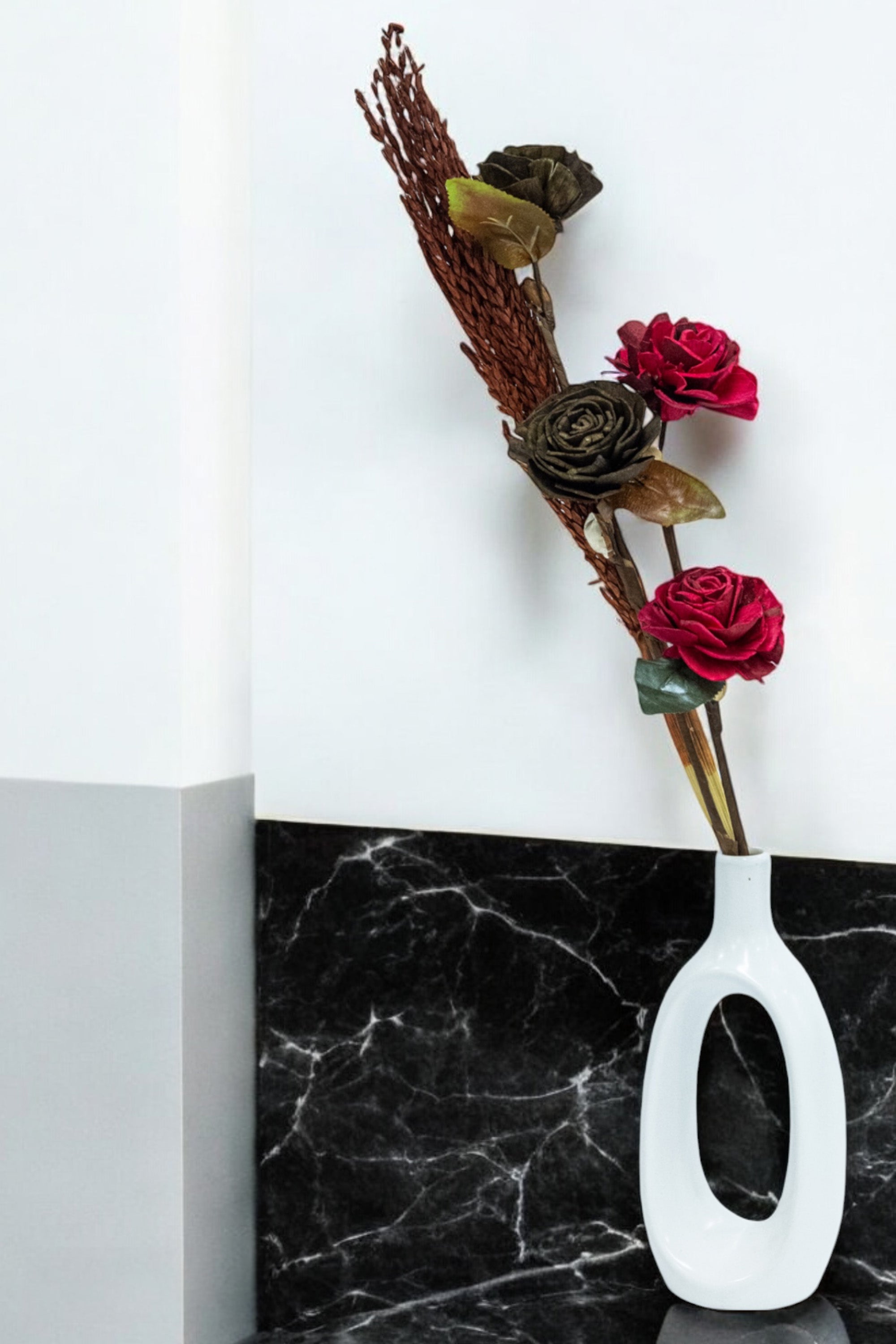 Elegant Red & Black Rose & Dried Barn Potter Stick Flower Bunches