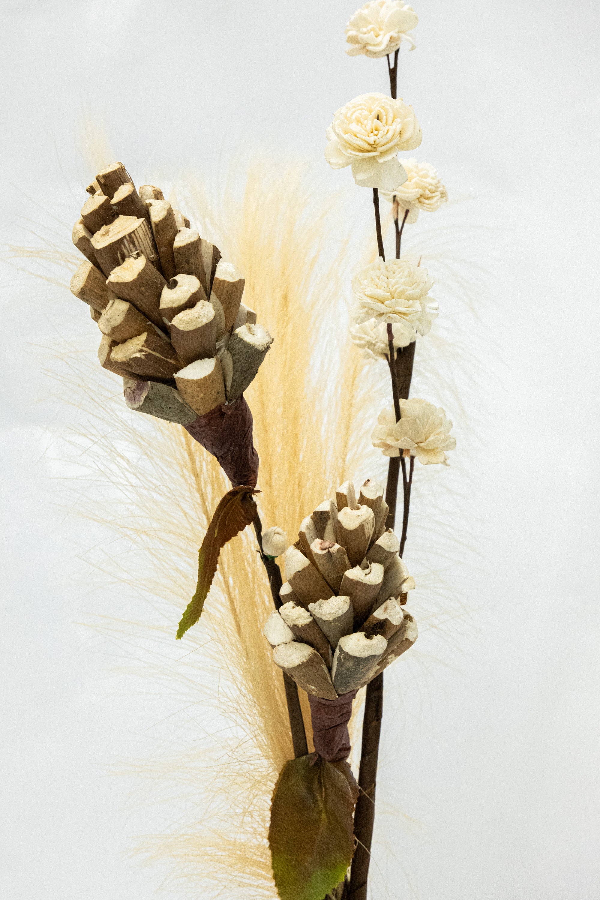 Elegant White Rose, Faux Pampas Grass & Pinecones Artificial Flower Bunches