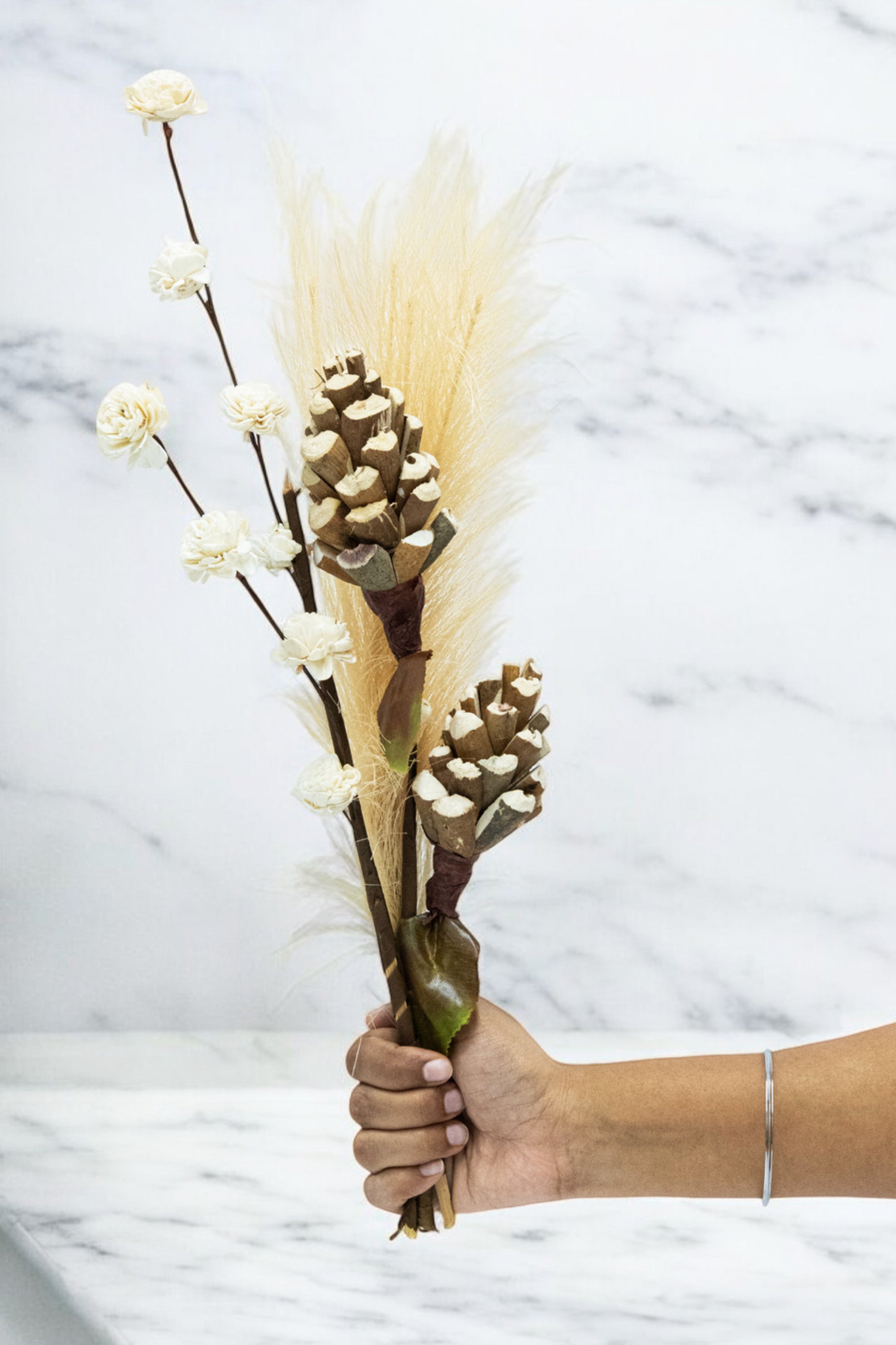 Elegant White Rose, Faux Pampas Grass & Pinecones Artificial Flower Bunches