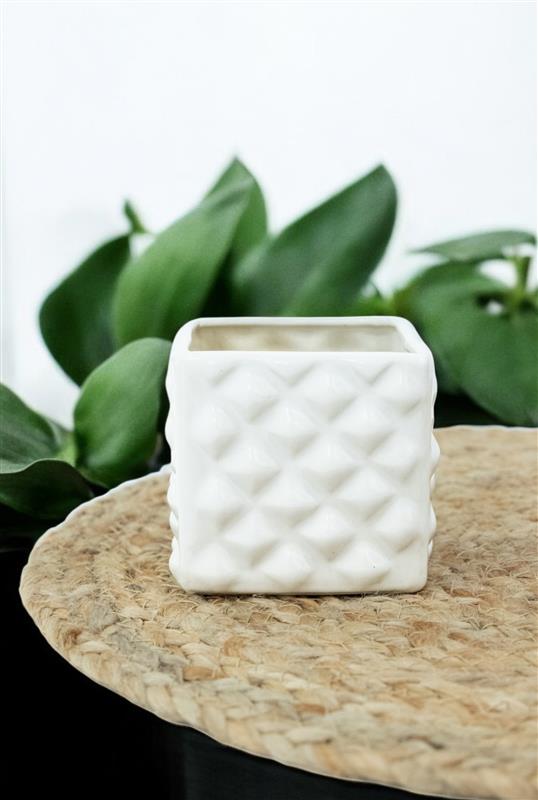 White Glossy Ceramic square diamond cut planter pot
