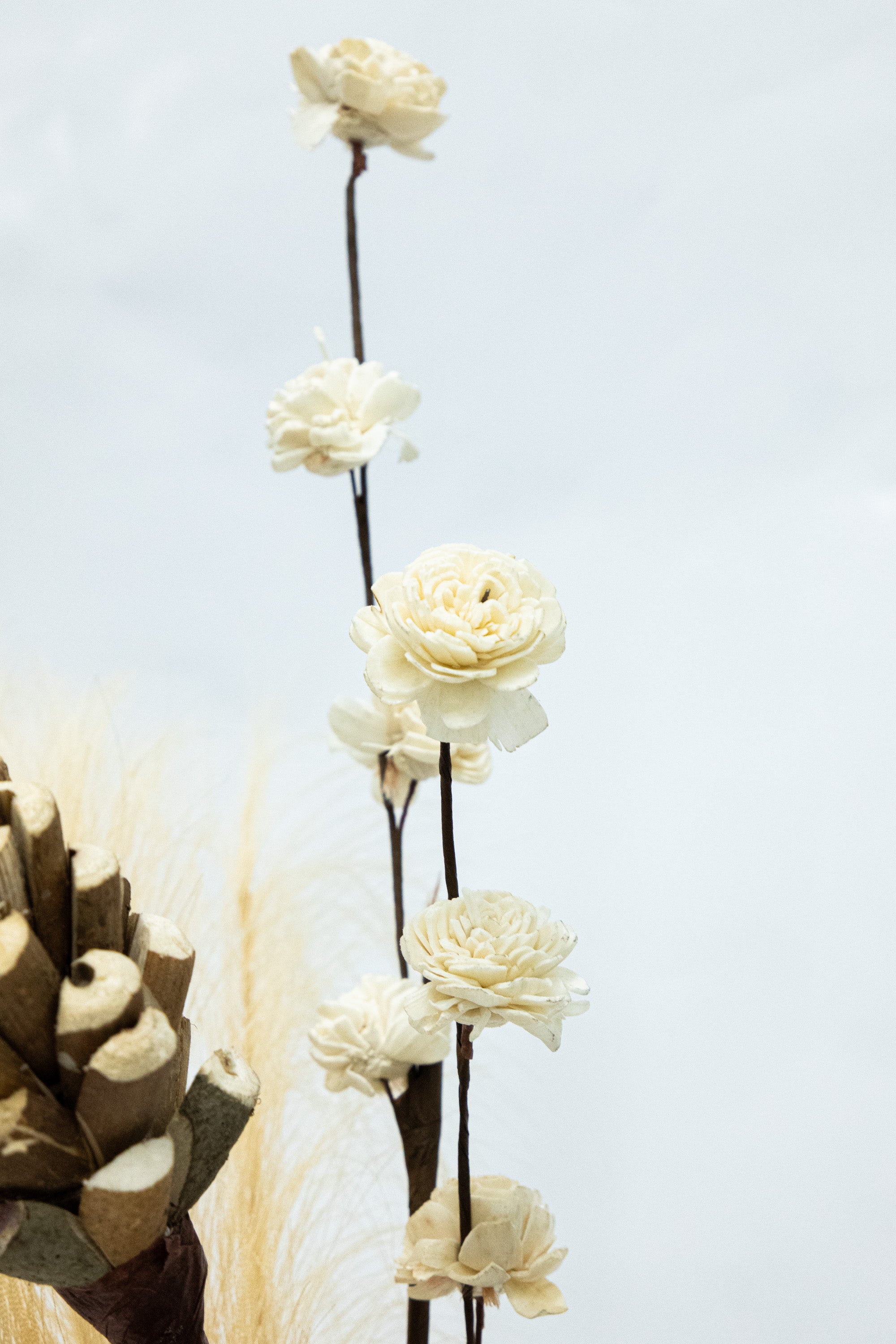 Elegant White Rose, Faux Pampas Grass & Pinecones Artificial Flower Bunches