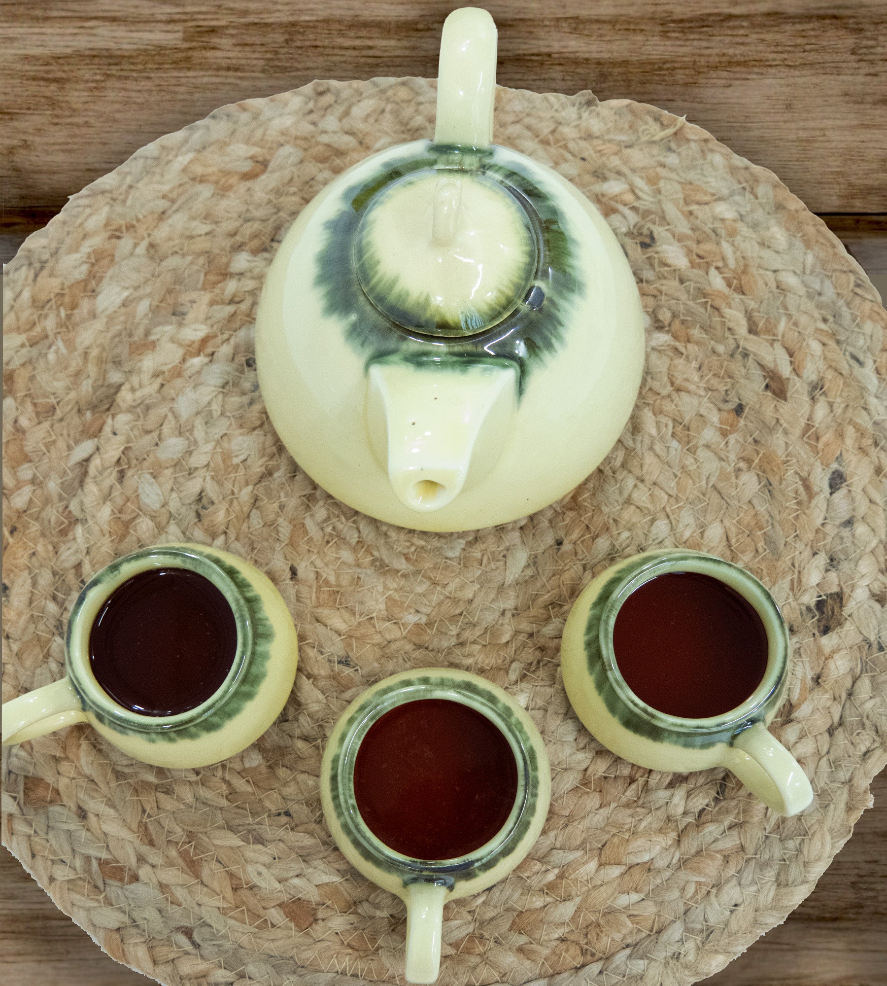 Glossy Ceramic Yellow & Green Textured Kettle Set of Cups - Pack of 7