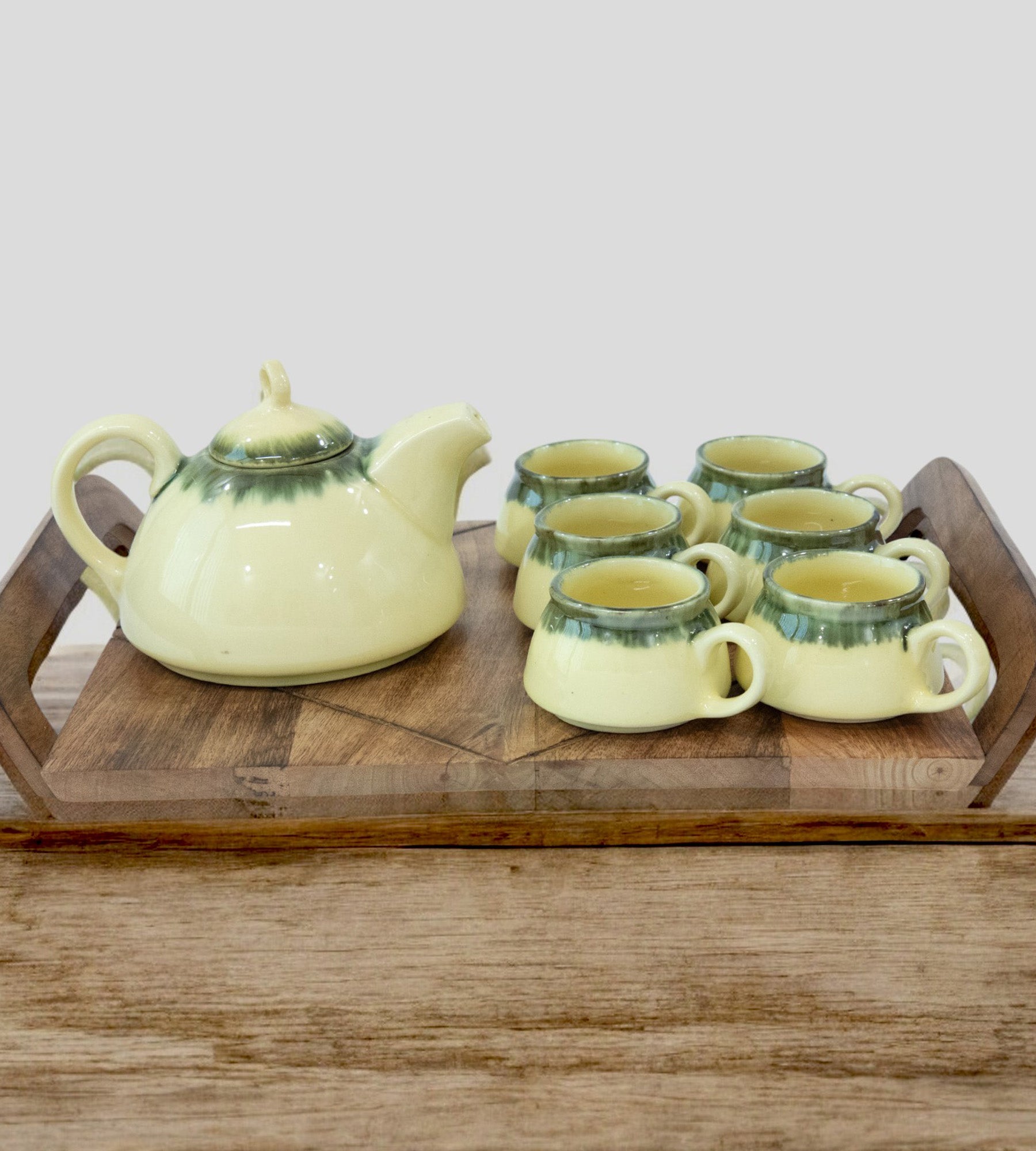 Glossy Ceramic Yellow & Green Textured Kettle Set of Cups - Pack of 7