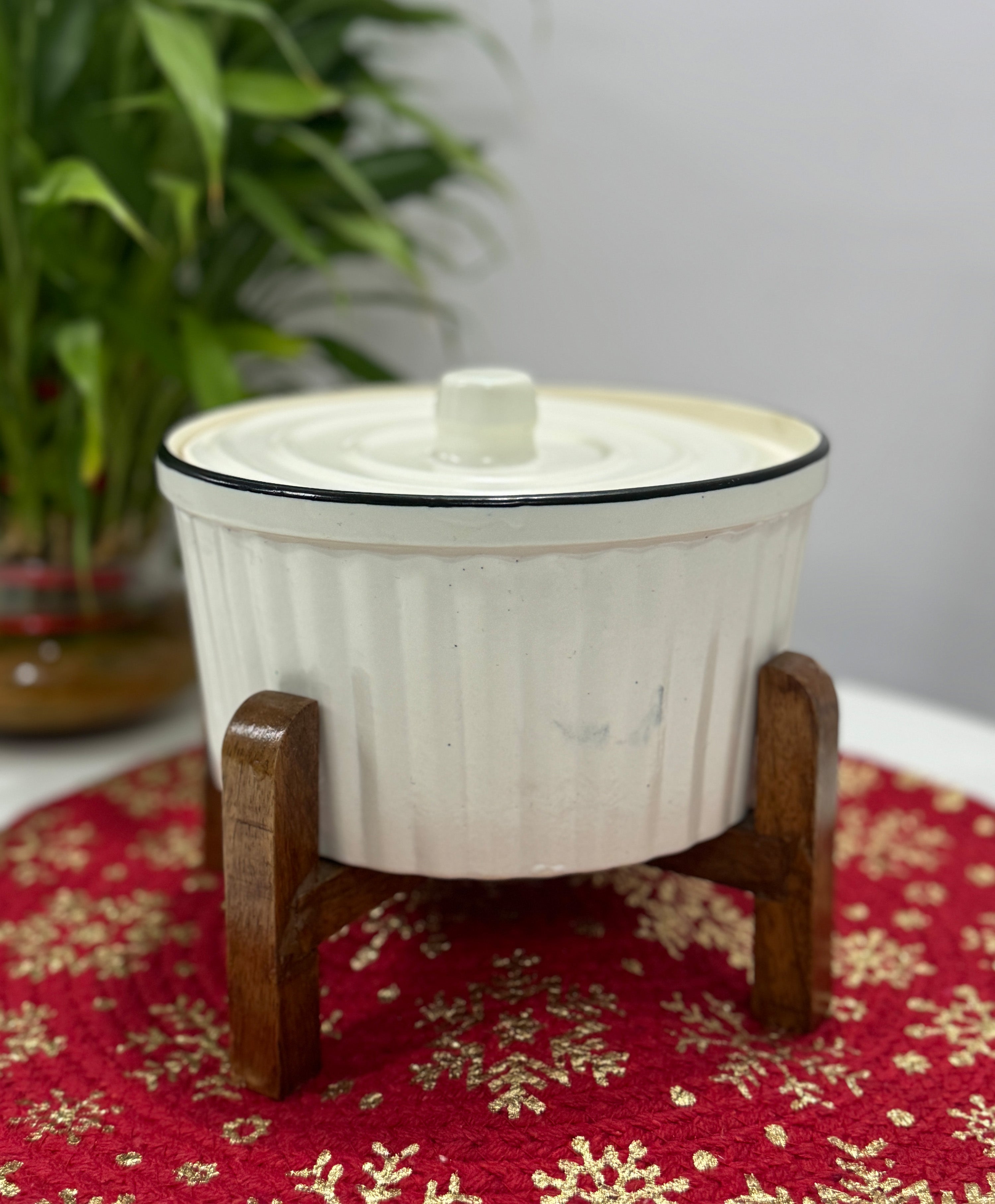 Ceramic White Kitchen Bowl with Wooden Stand