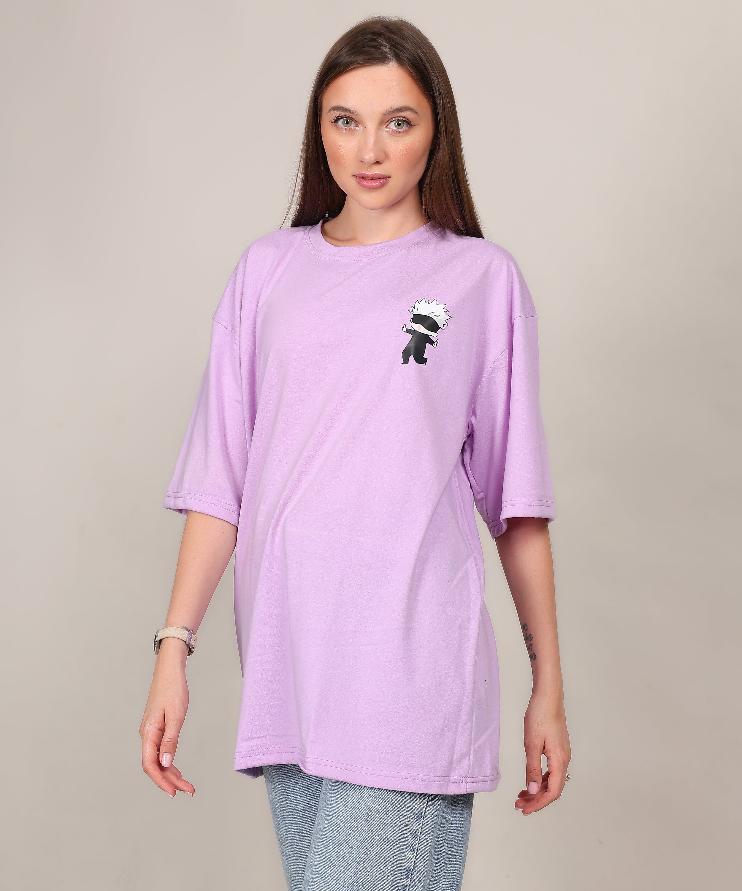 Purple Cotton Half Sleeve Oversized Lightweight Printed T Shirt