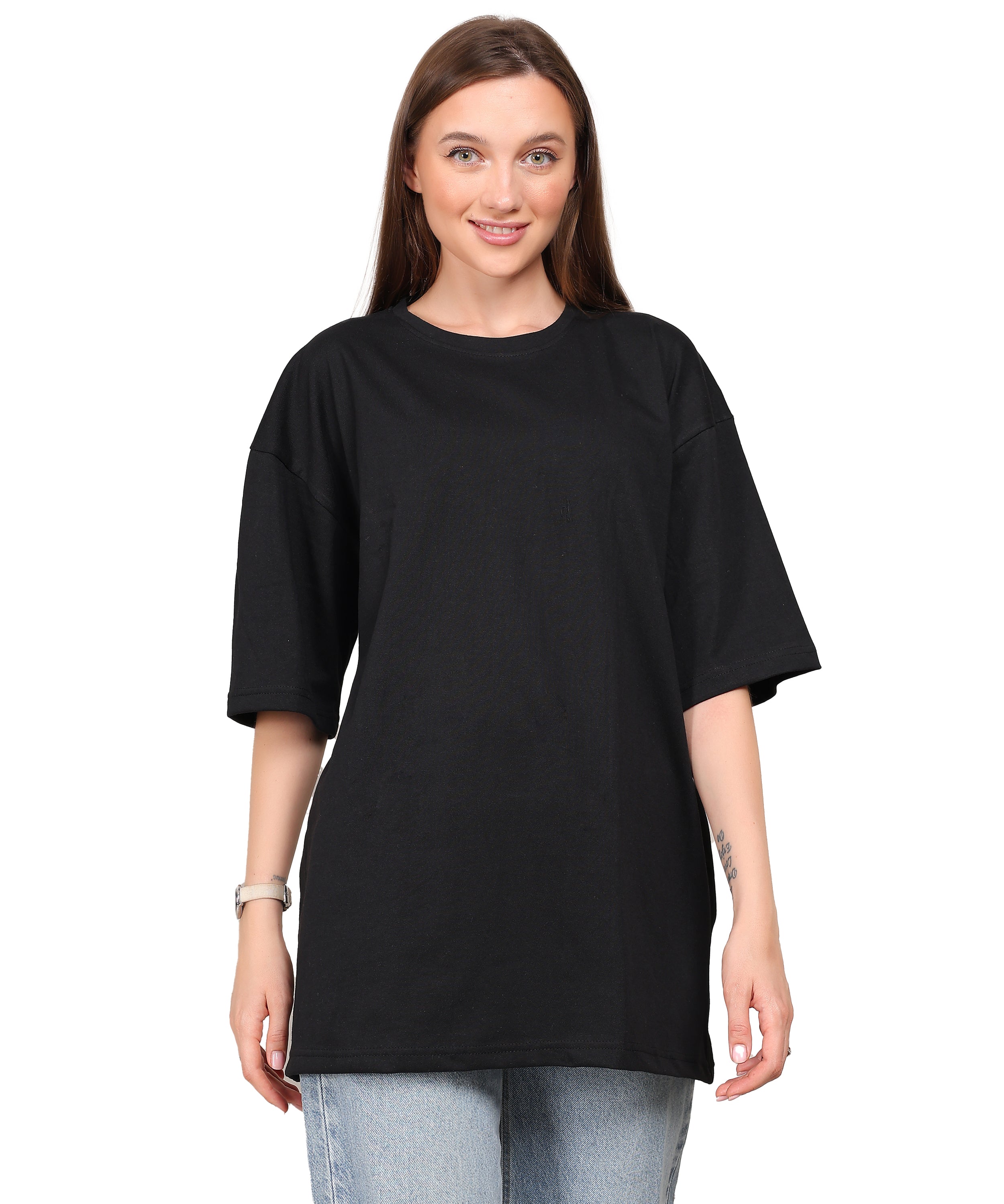 Black Cotton Half Sleeve Oversized Biowash T Shirt for Women