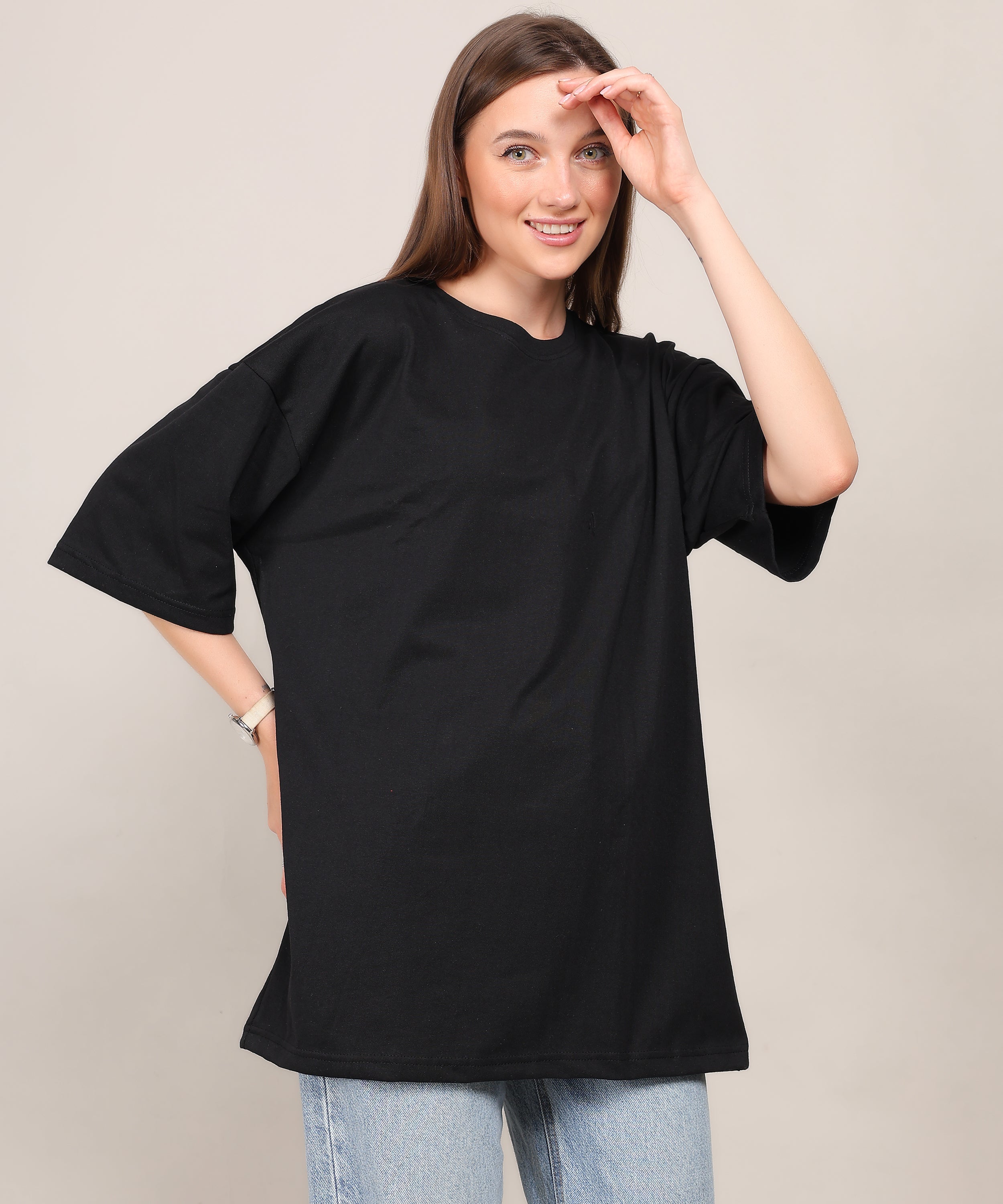 Black Cotton Half Sleeve Oversized Biowash T Shirt for Women