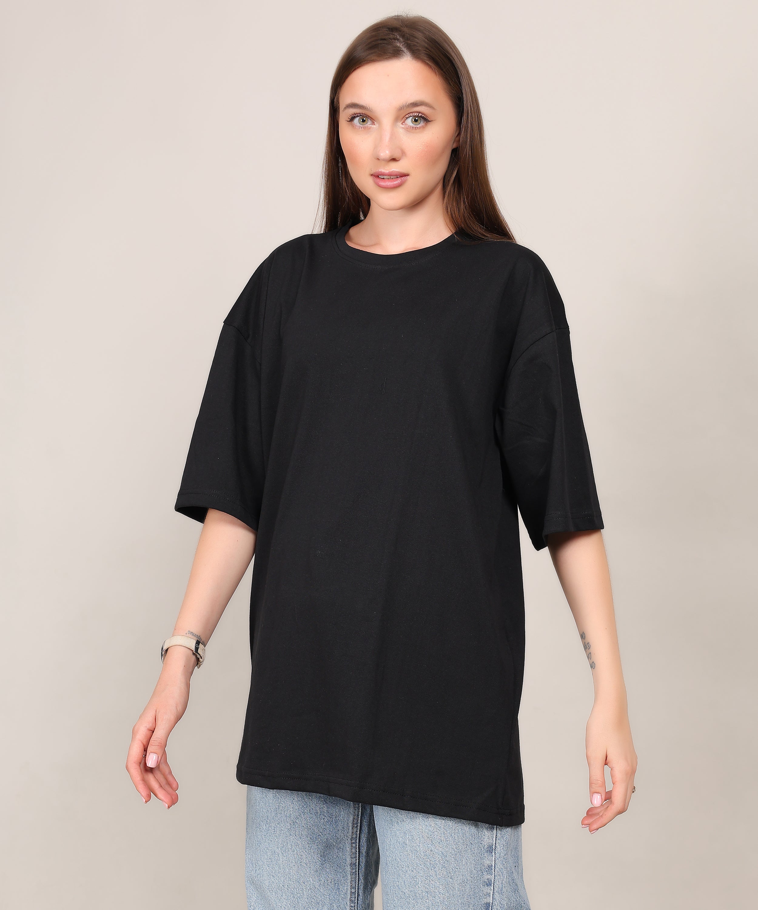 Black Cotton Half Sleeve Oversized Biowash T Shirt for Women