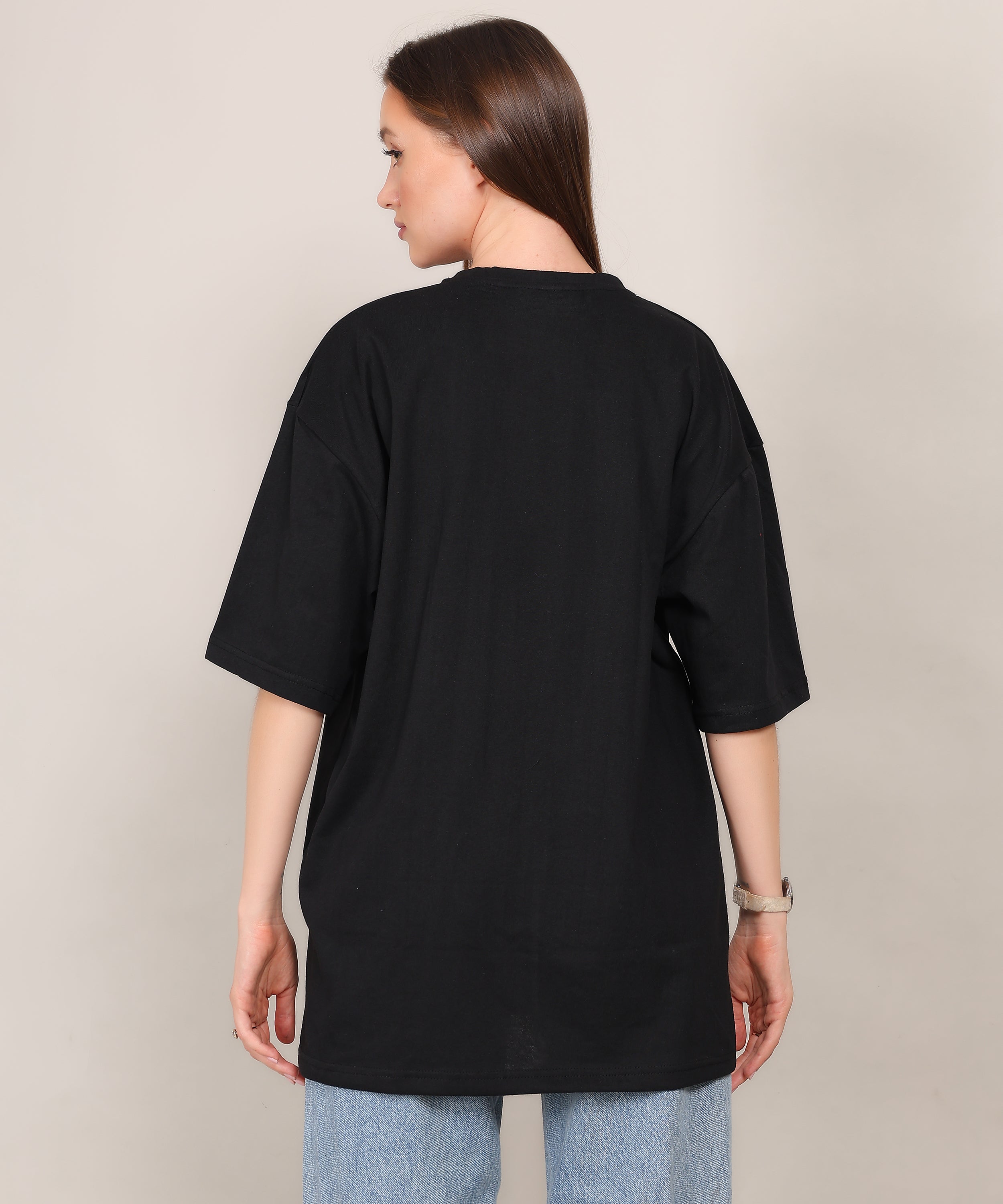 Black Cotton Half Sleeve Oversized Biowash T Shirt for Women