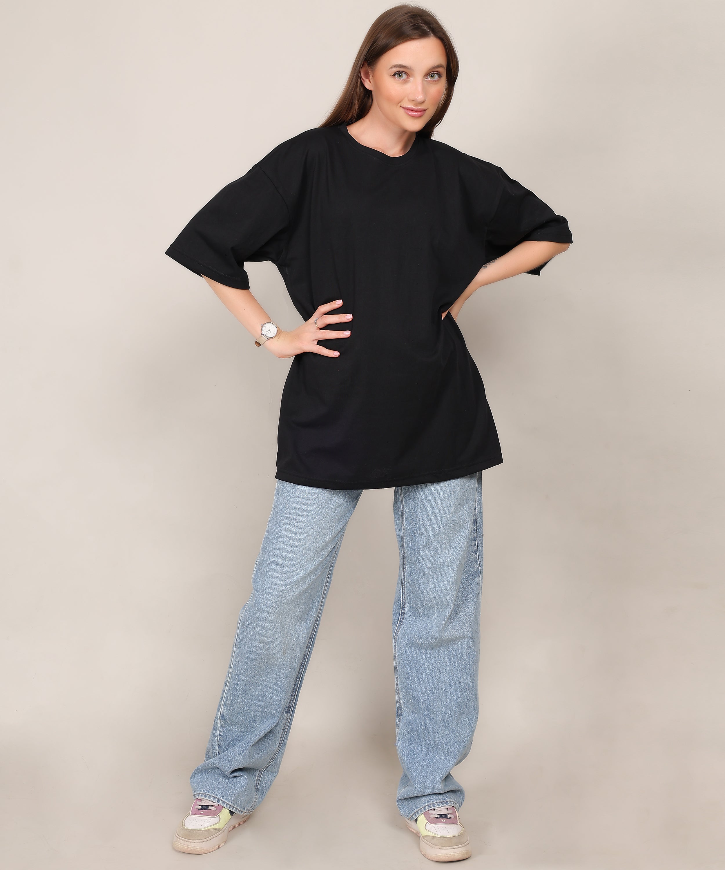 Black Cotton Half Sleeve Oversized Biowash T Shirt for Women