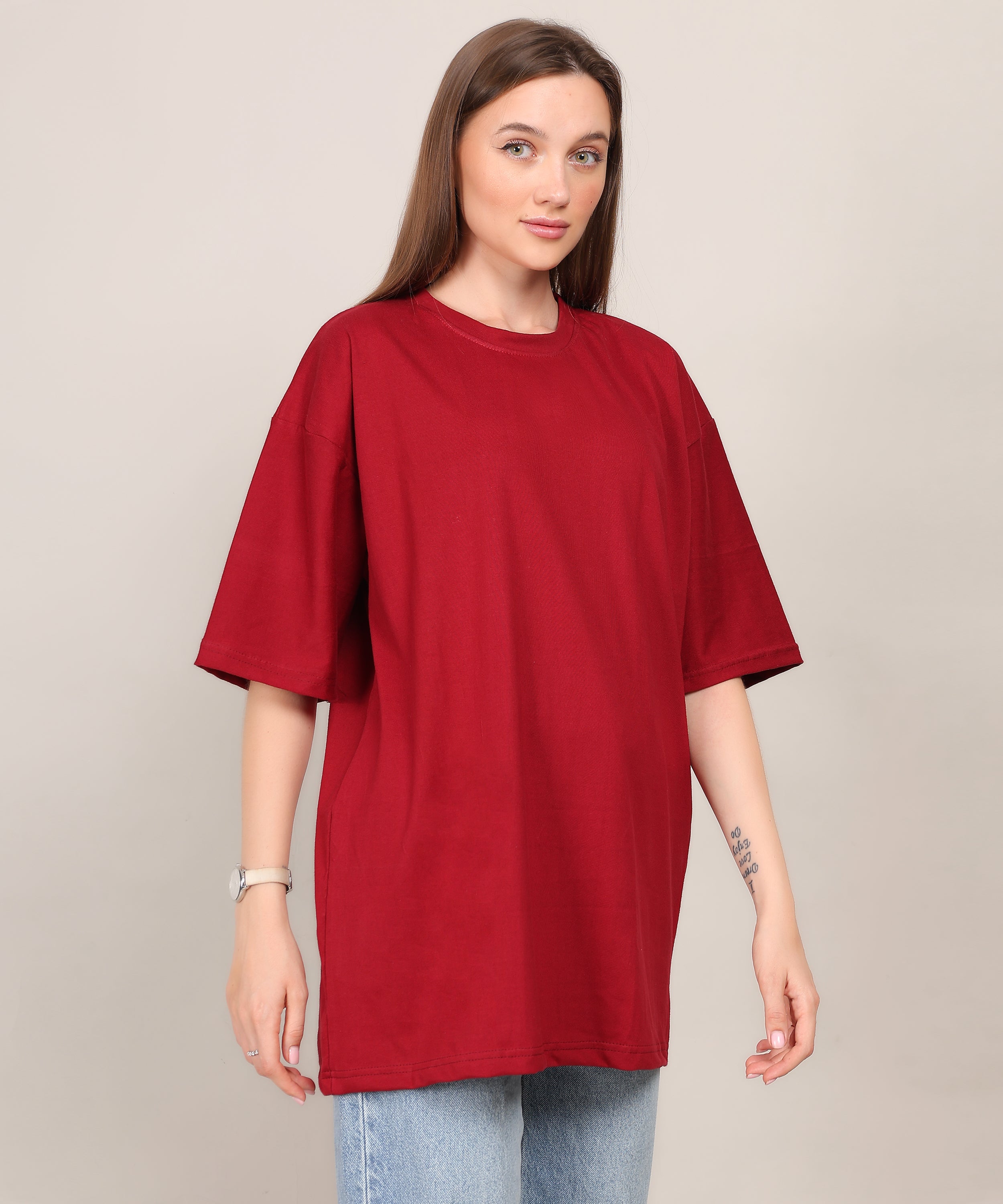 Maroon Cotton Half Sleeve Oversized Biowash T Shirt