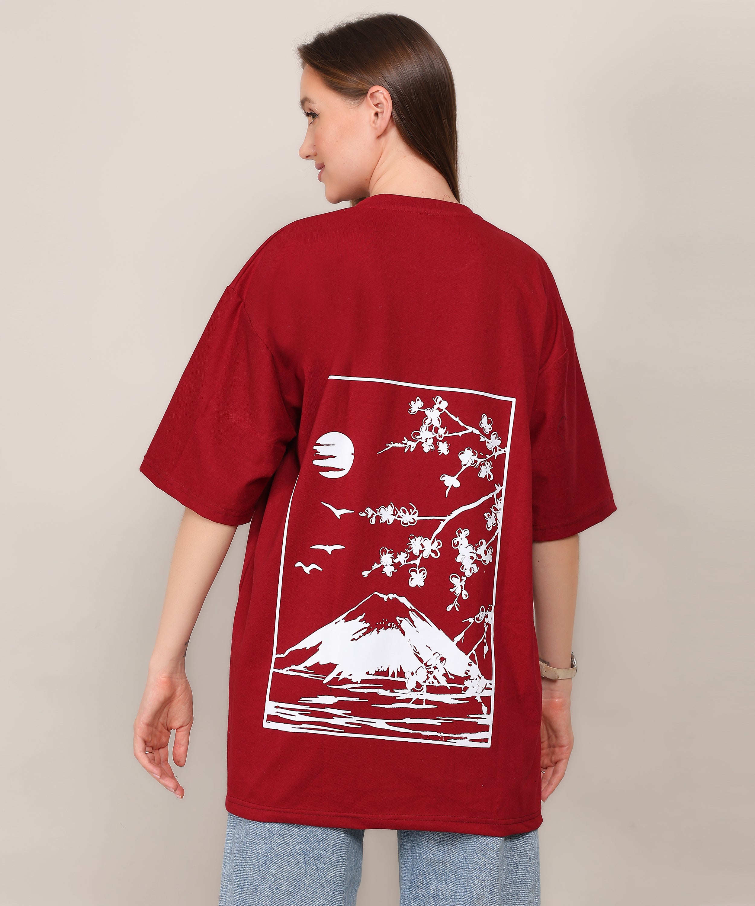 Maroon Cotton Half Sleeve Oversized Biowash Back Print T Shirt