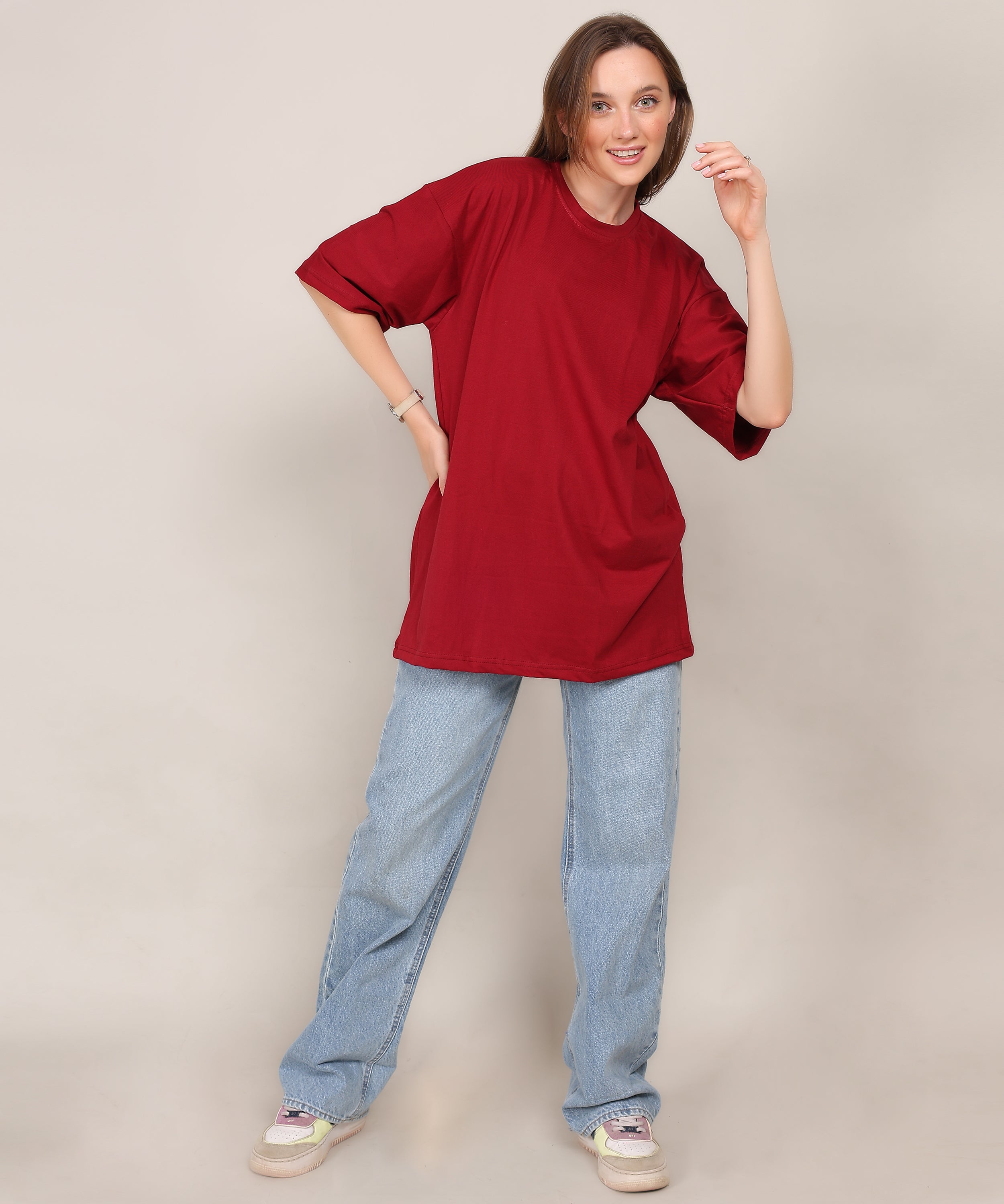 Maroon Cotton Half Sleeve Oversized Biowash Back Print T Shirt