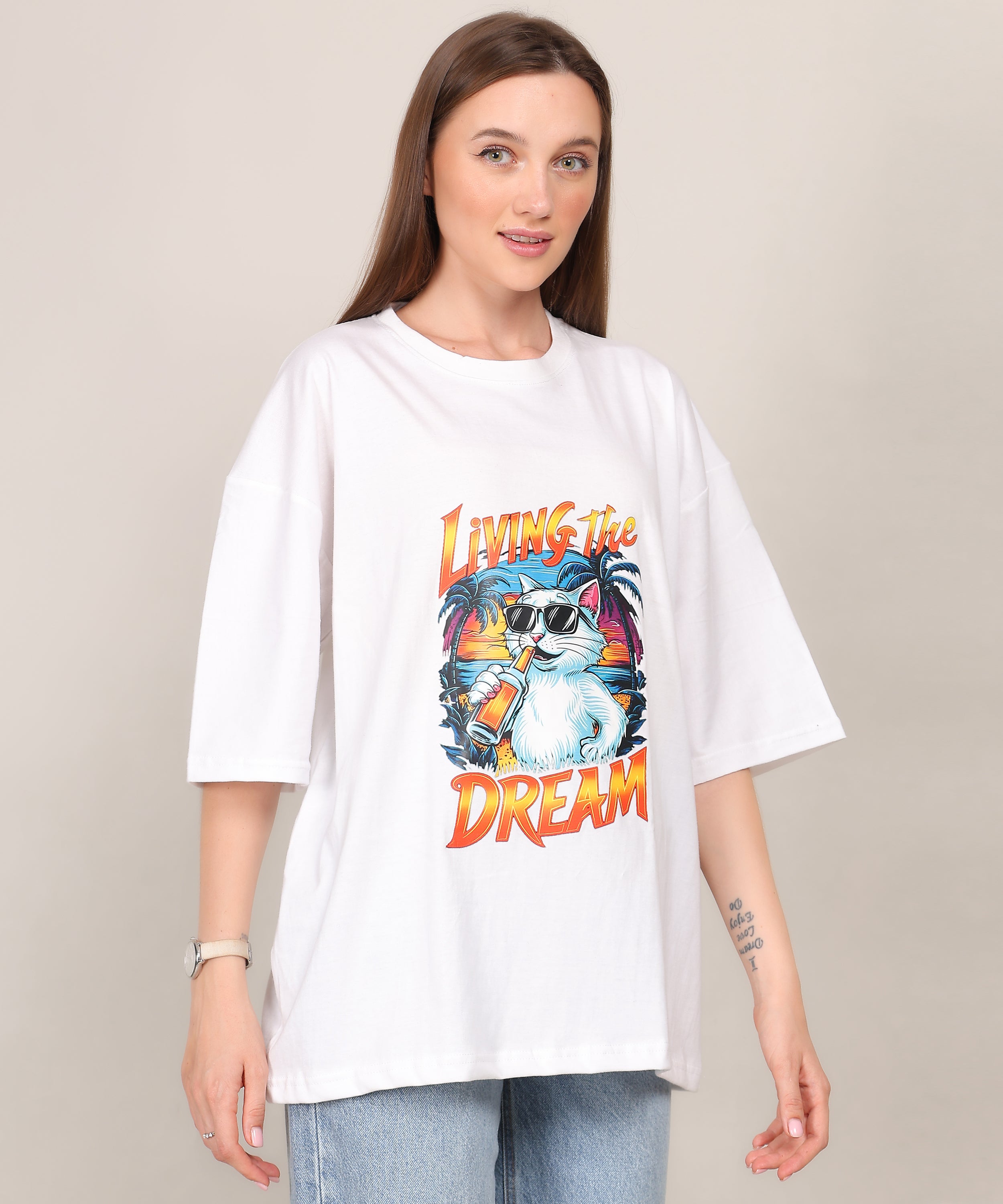 White Cotton Half Sleeve Oversized Biowash T Shirt