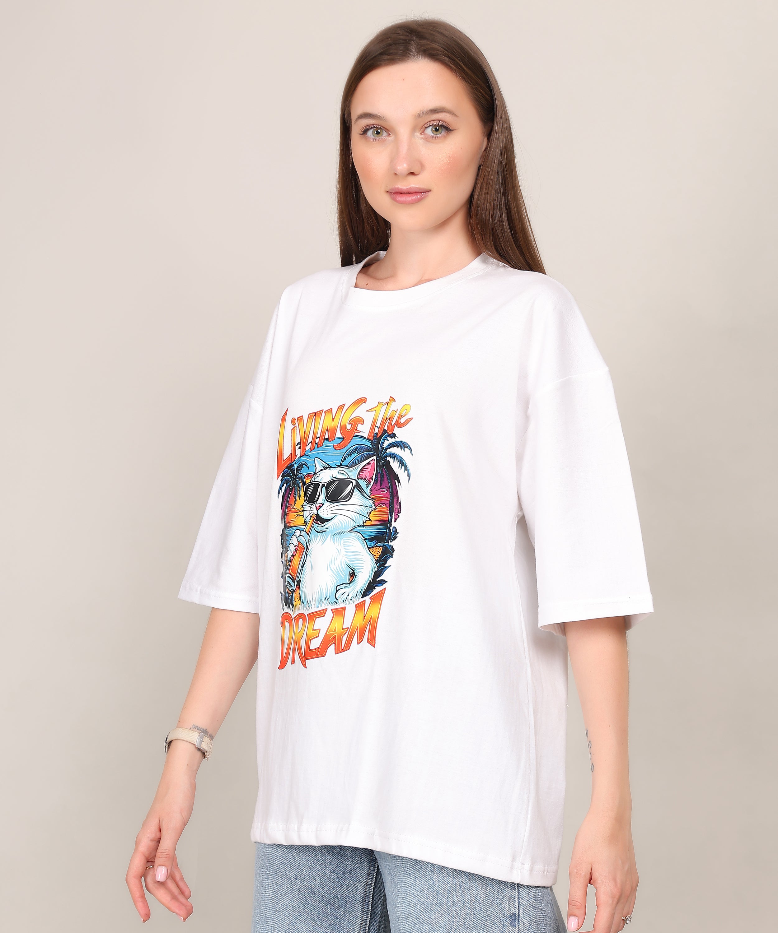 White Cotton Half Sleeve Oversized Biowash T Shirt
