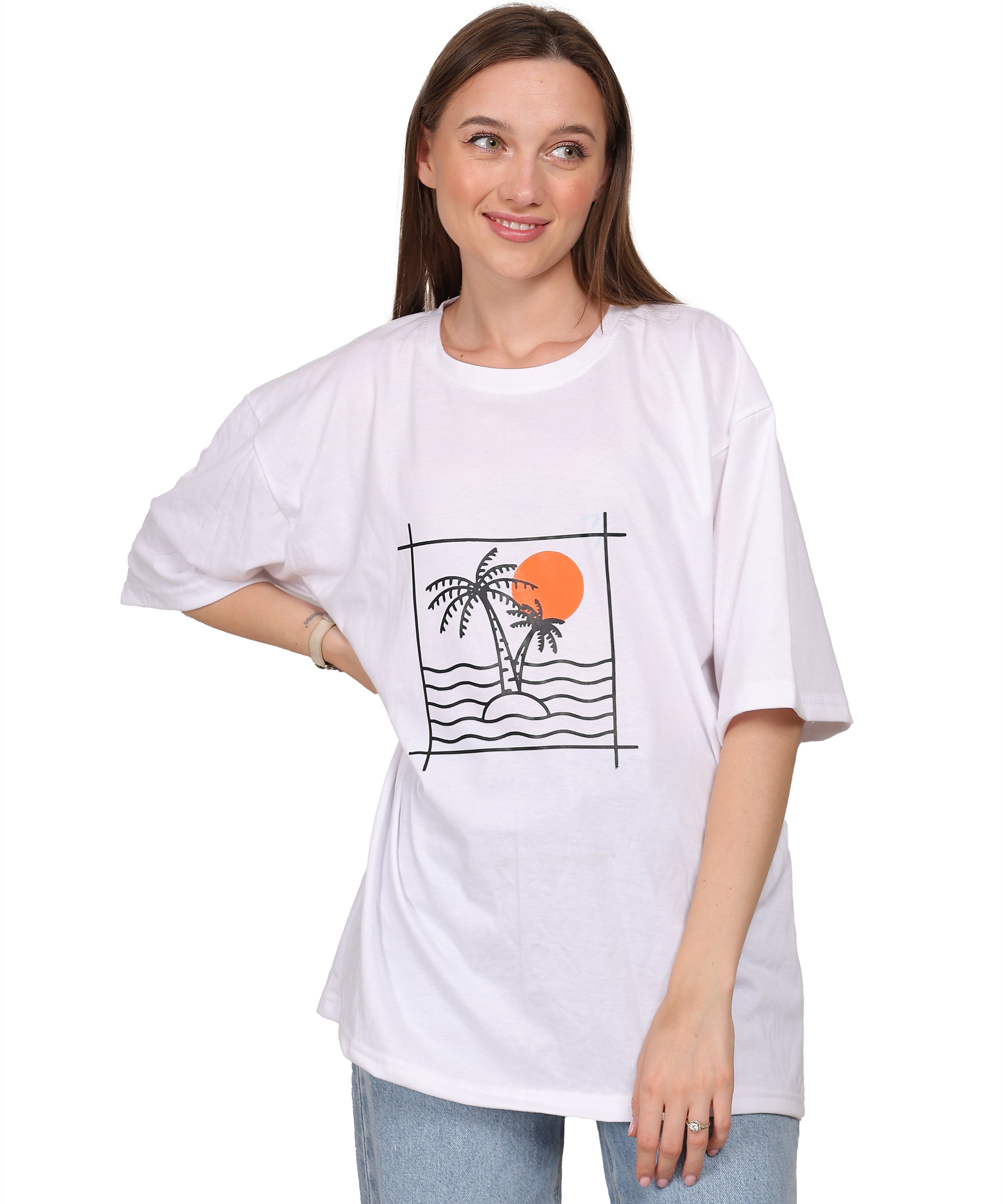 White Cotton Half Sleeve Oversized Biowash Printed T Shirt