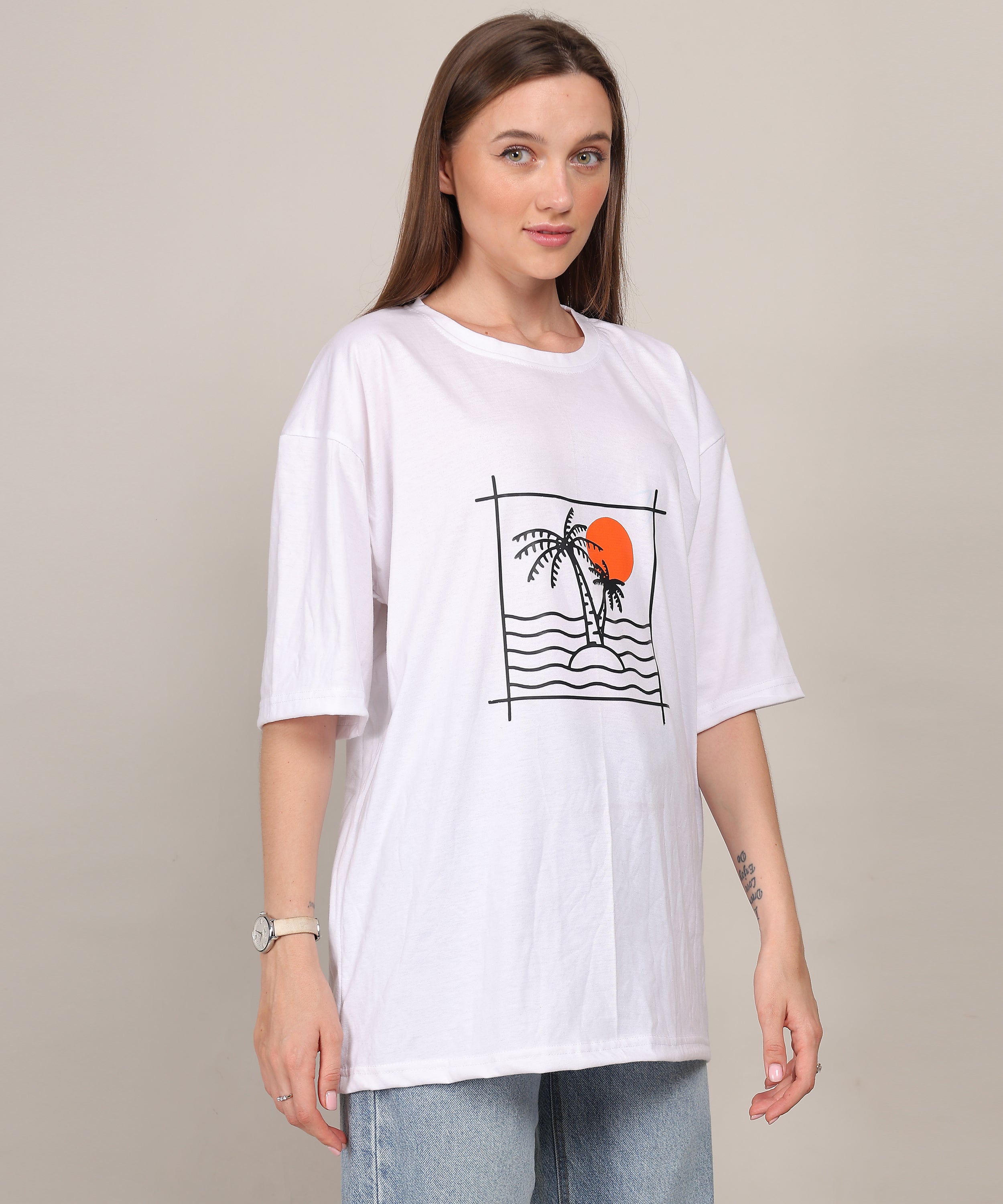 White Cotton Half Sleeve Oversized Biowash Printed T Shirt
