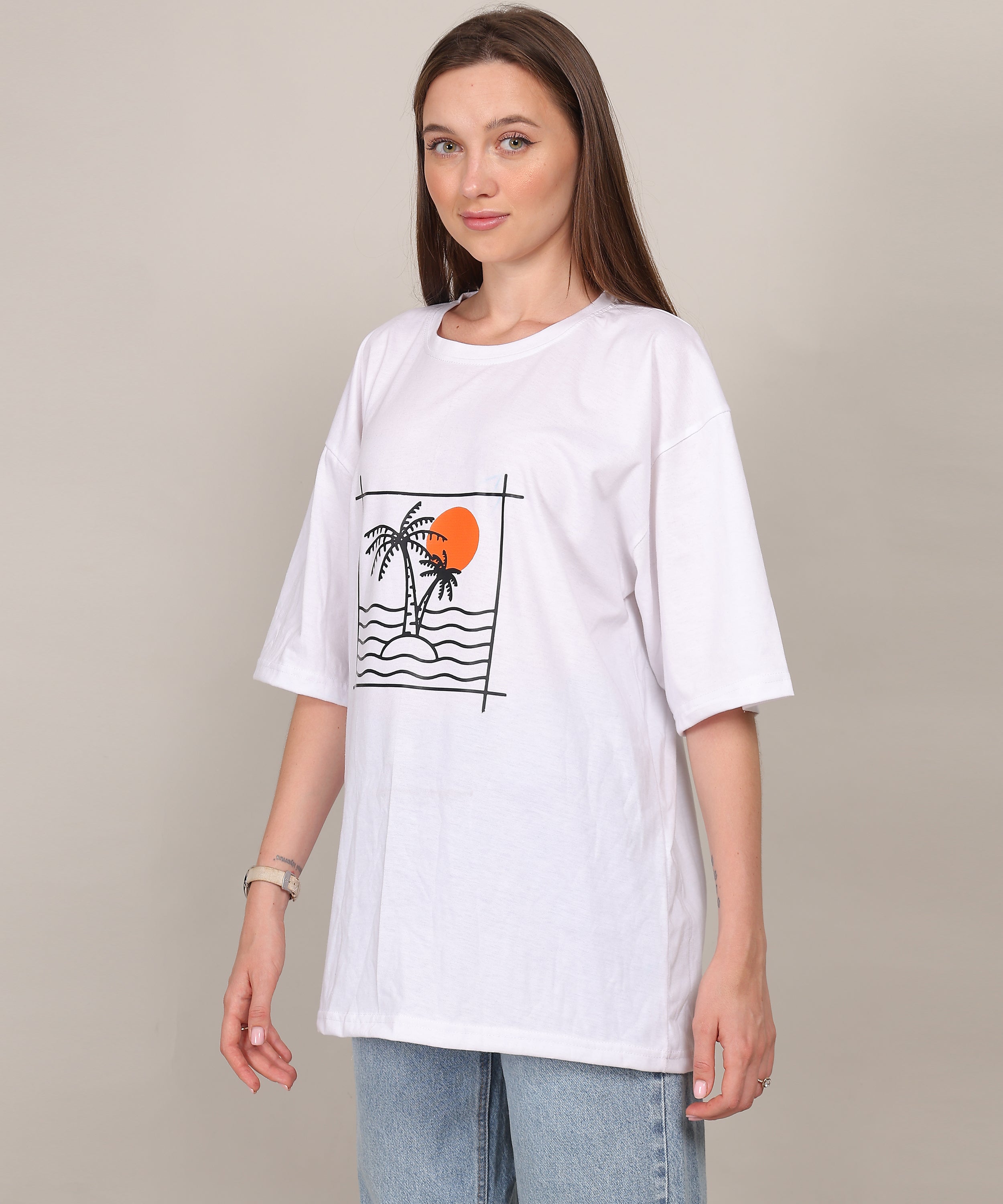 White Cotton Half Sleeve Oversized Biowash Printed T Shirt