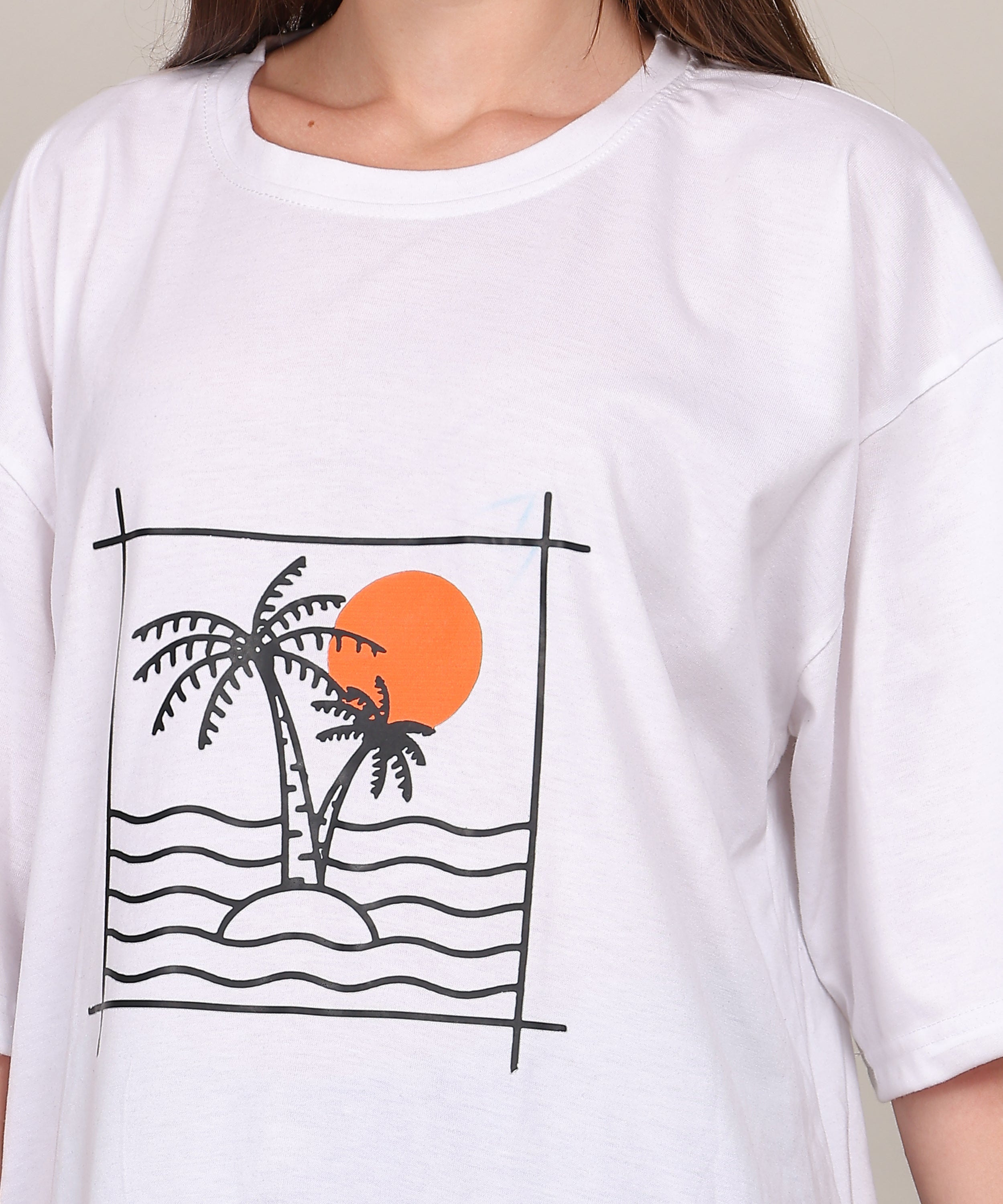 White Cotton Half Sleeve Oversized Biowash Printed T Shirt