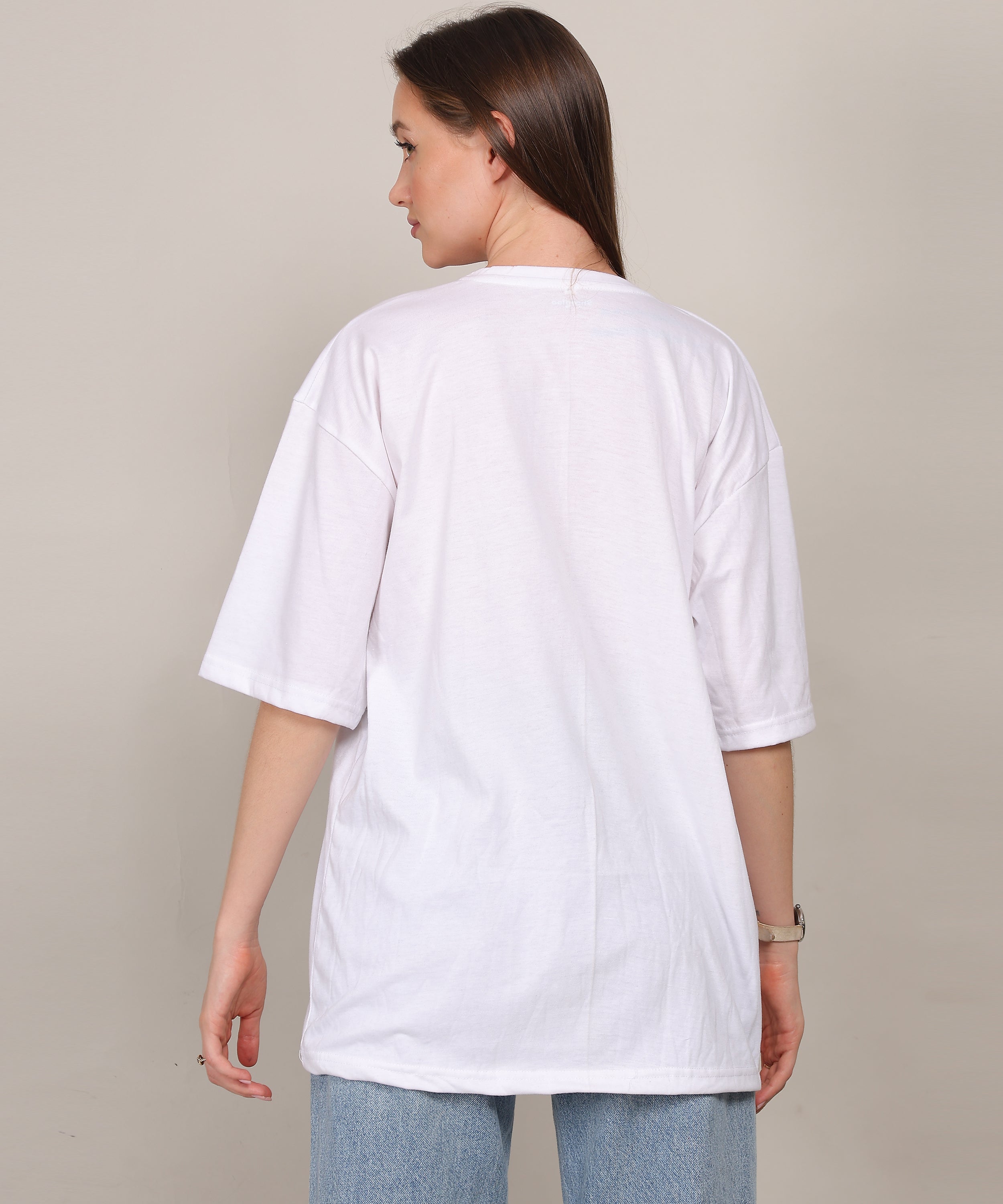 White Cotton Half Sleeve Oversized Biowash Printed T Shirt