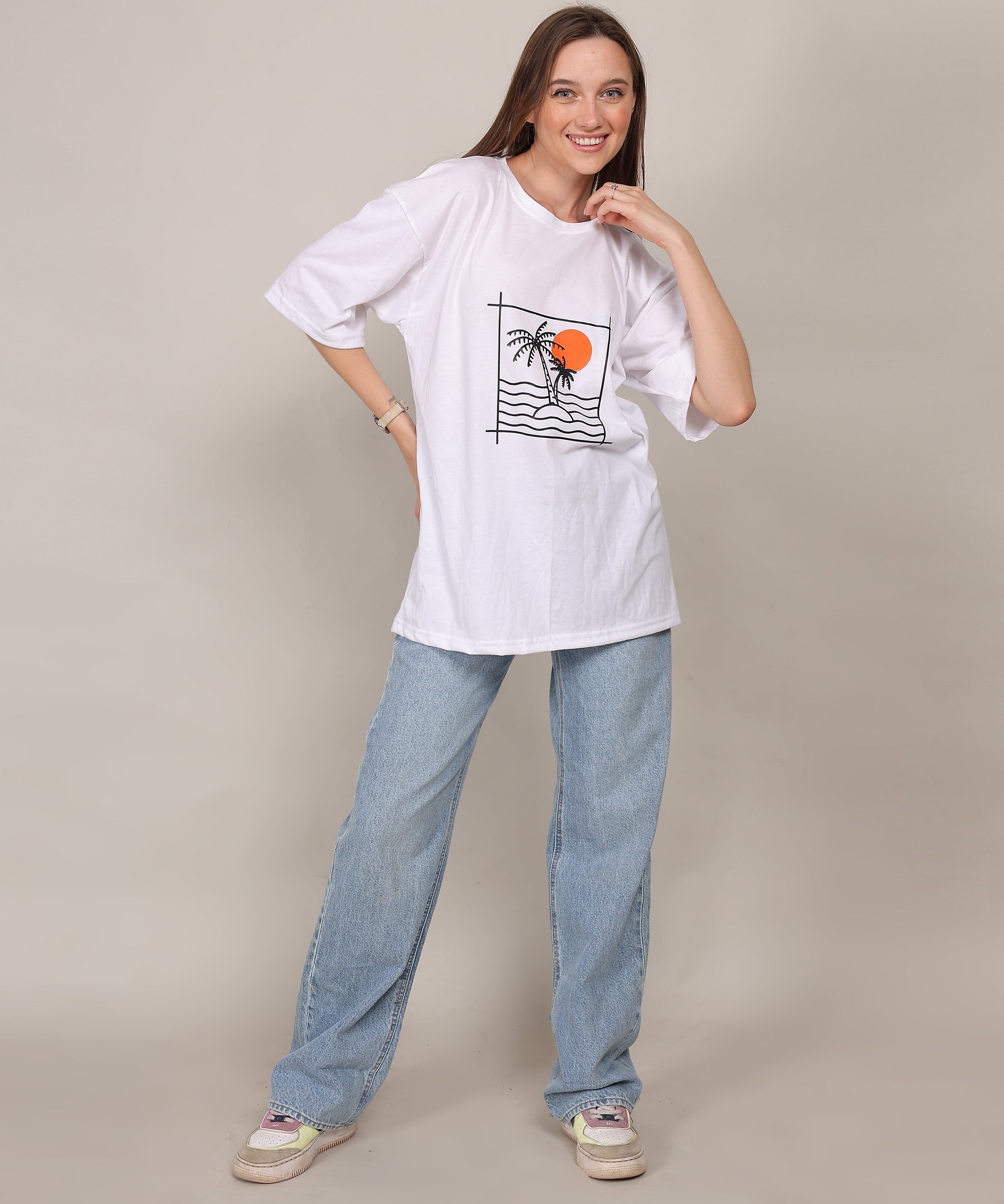 White Cotton Half Sleeve Oversized Biowash Printed T Shirt