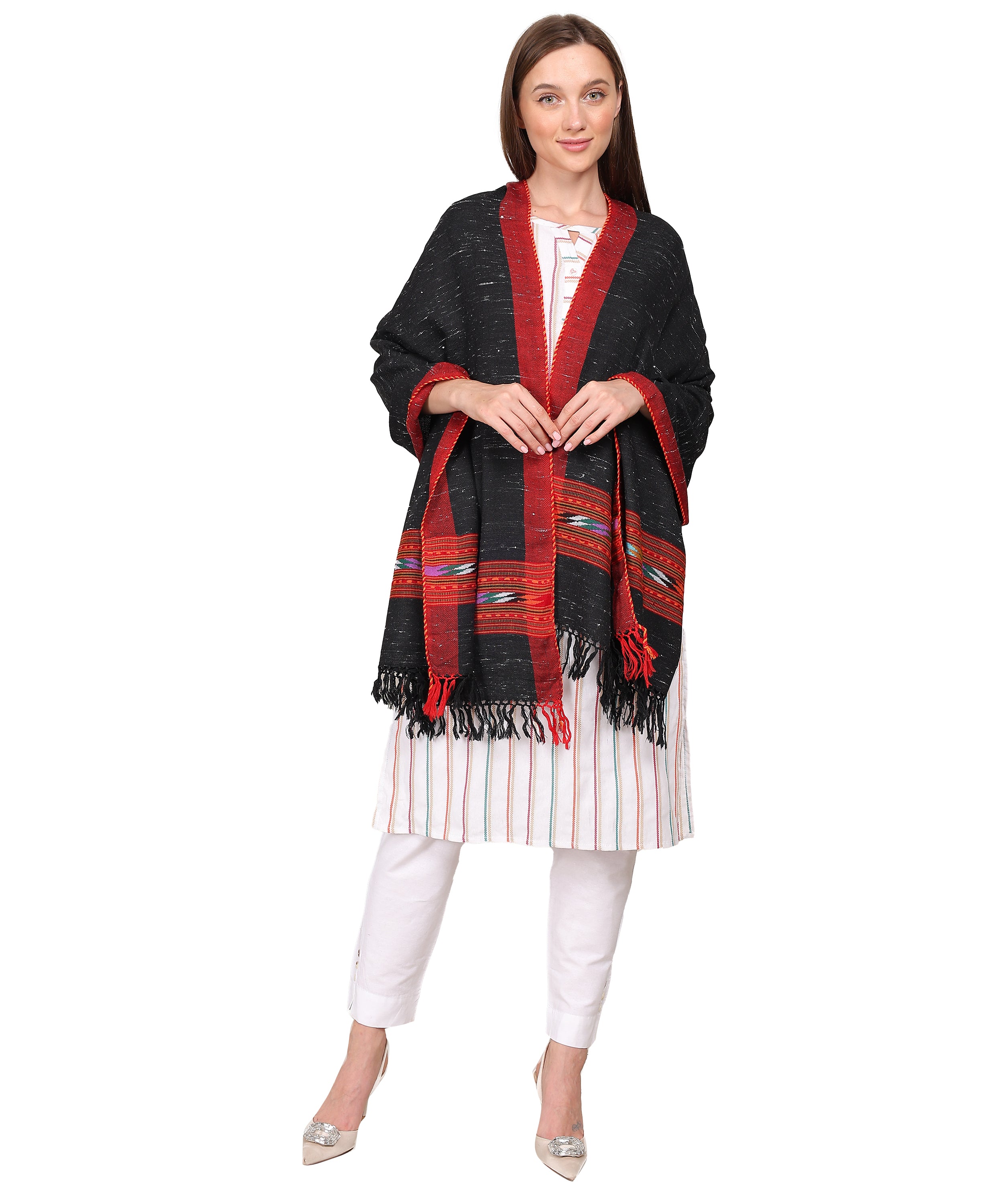 Traditional Kullu Handloom 1 Patti Black Stole – Embroidered Patti Pure Woollen Wrap with Elegant Kullu Weaving Design